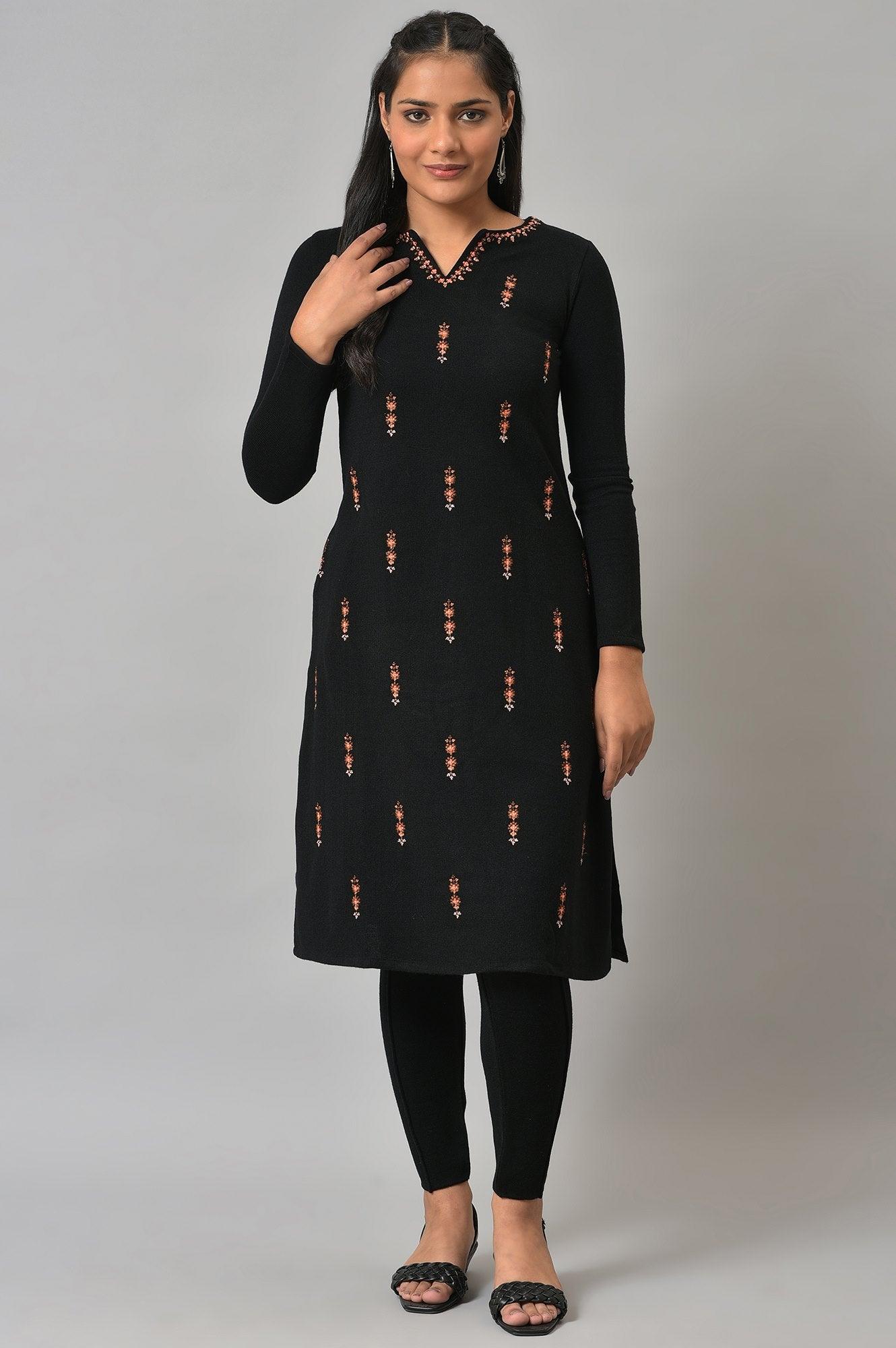 Black Acrylic Embroidered Winter kurta - wforwoman