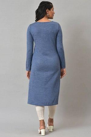 Blue Embroidered Asymmetrical Winter kurta - wforwoman