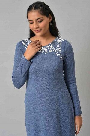 Blue Embroidered Asymmetrical Winter kurta - wforwoman