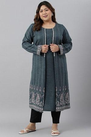 Blue Mock Layer Printed Plus Size Winter kurta - wforwoman