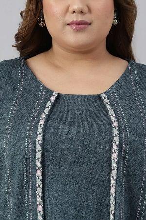 Blue Mock Layer Printed Plus Size Winter kurta - wforwoman