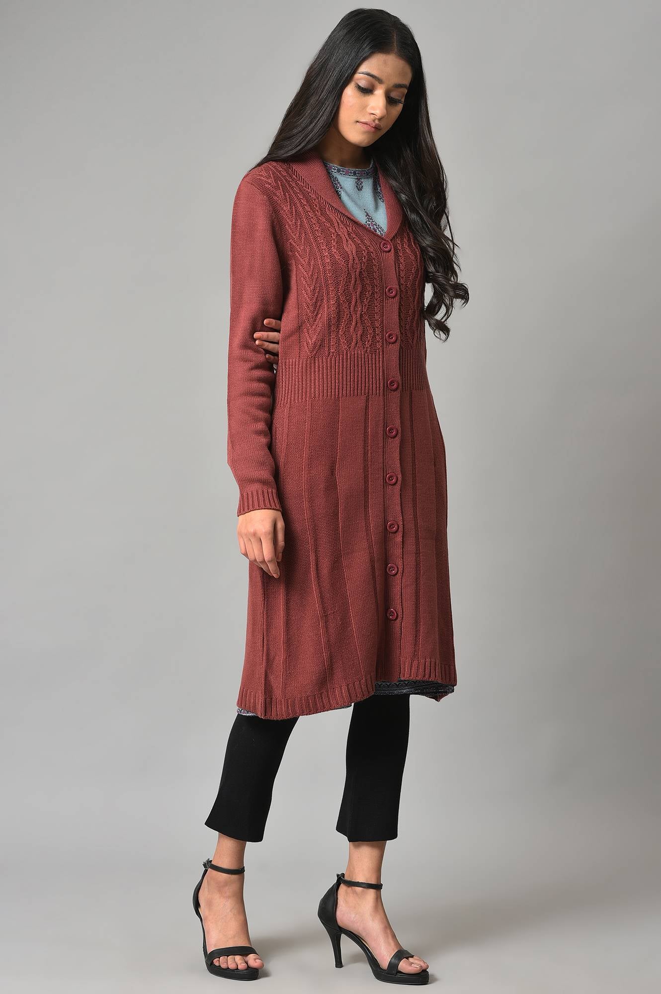 Coral Shawl Collar Knitted Cardigan