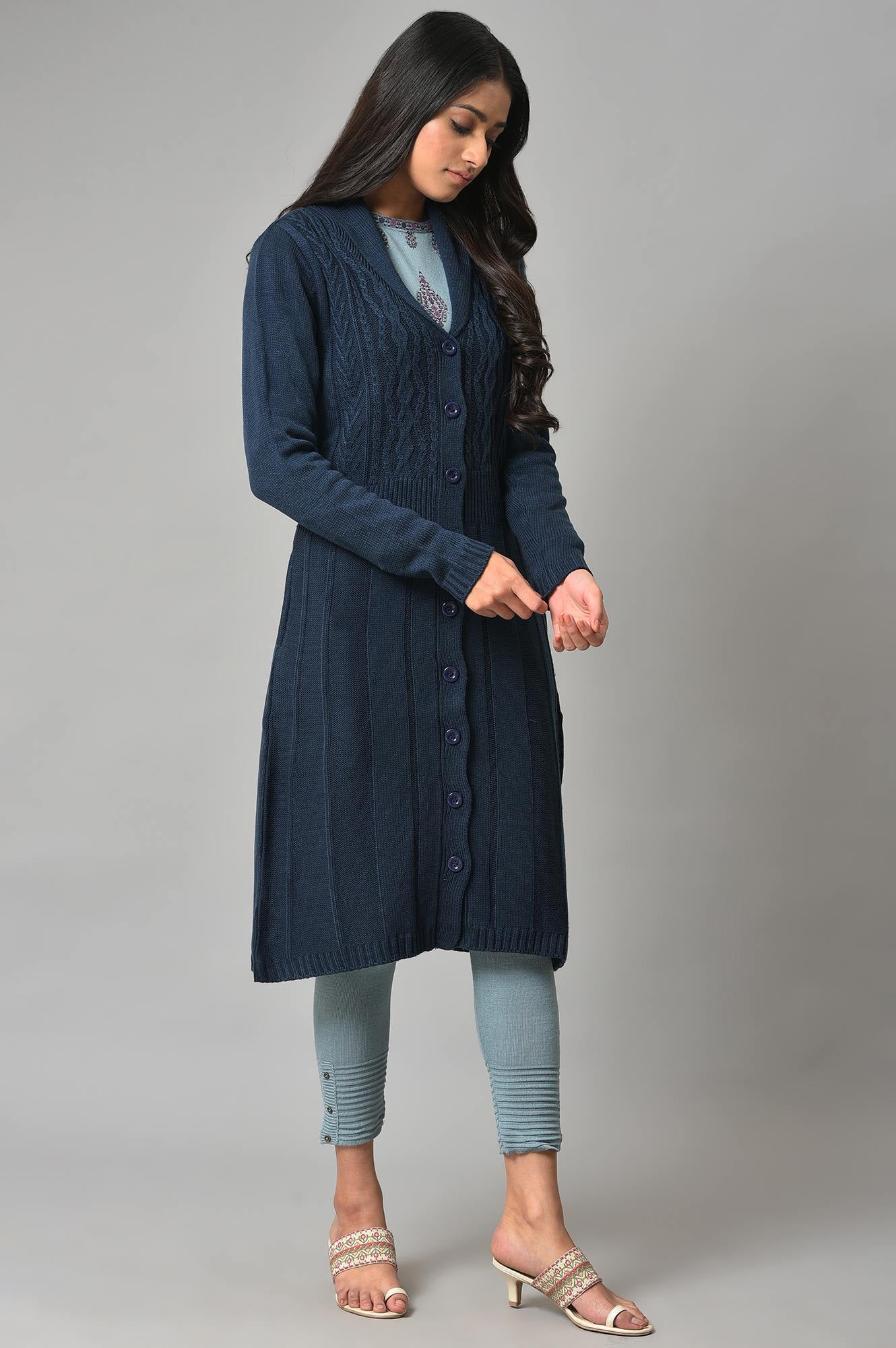 Blue Shawl Collar Knitted Cardigan