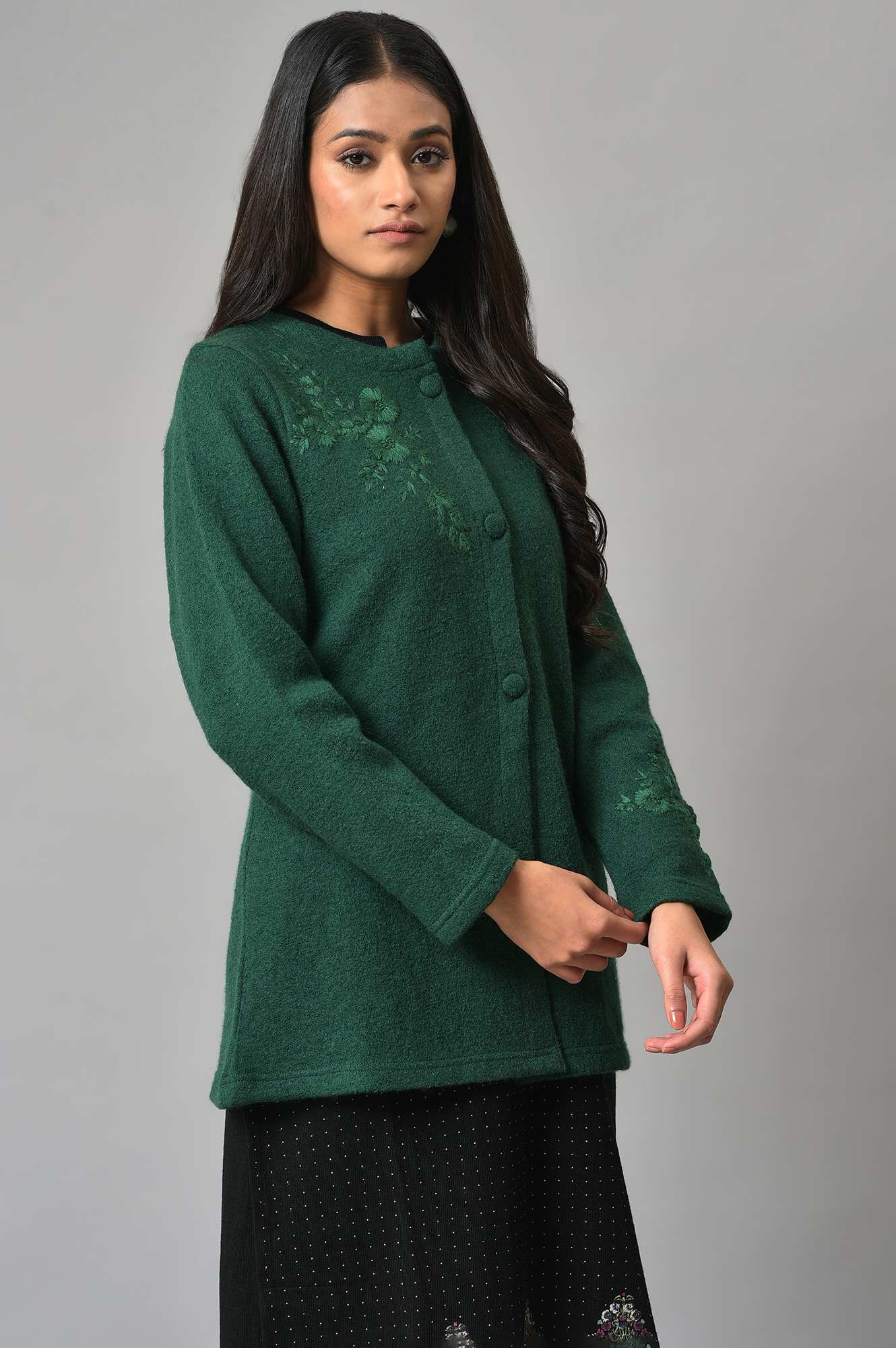 Green Woollen Short Winter Jacket