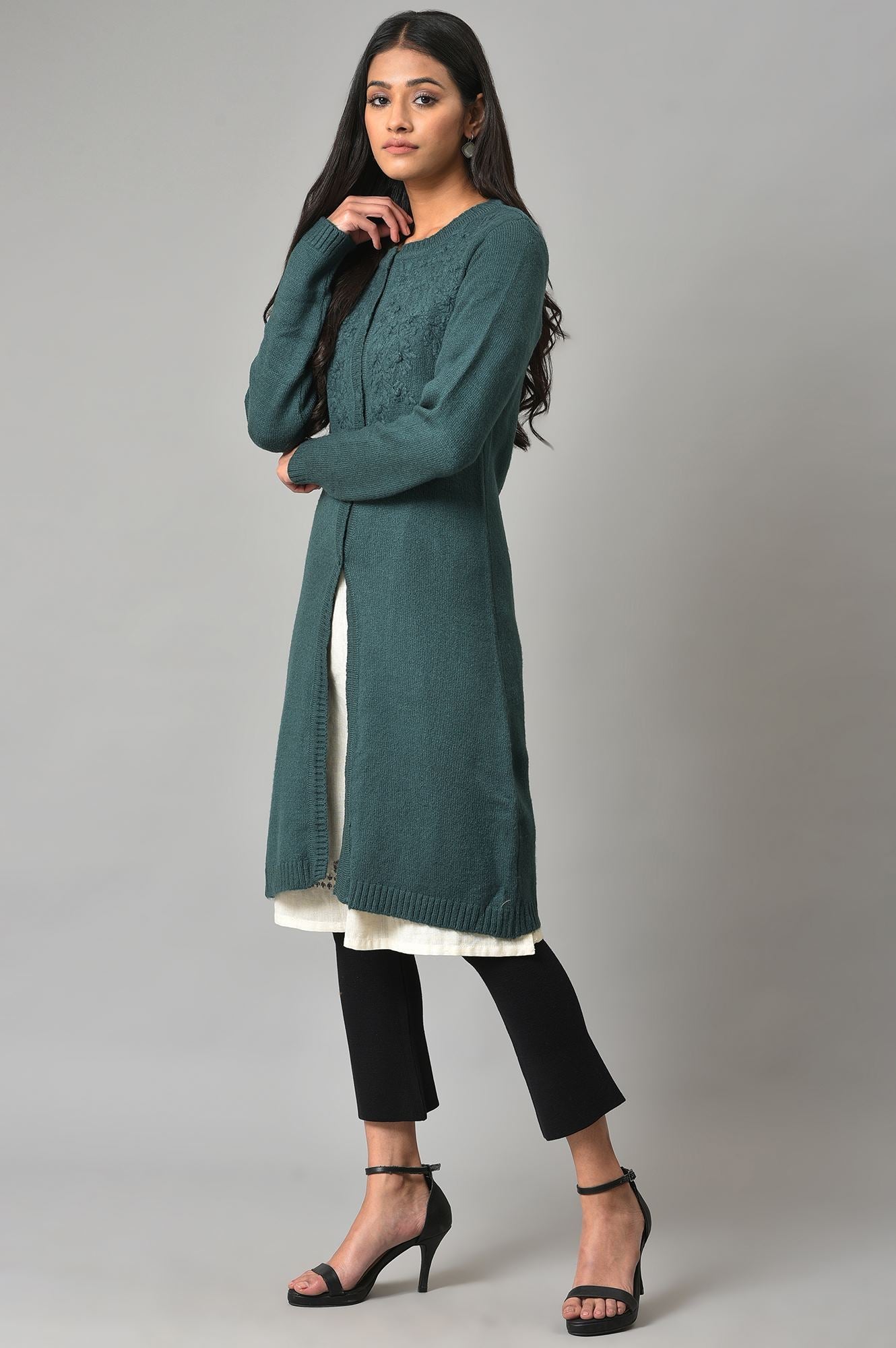 Blue Embroidered Women Cardigan