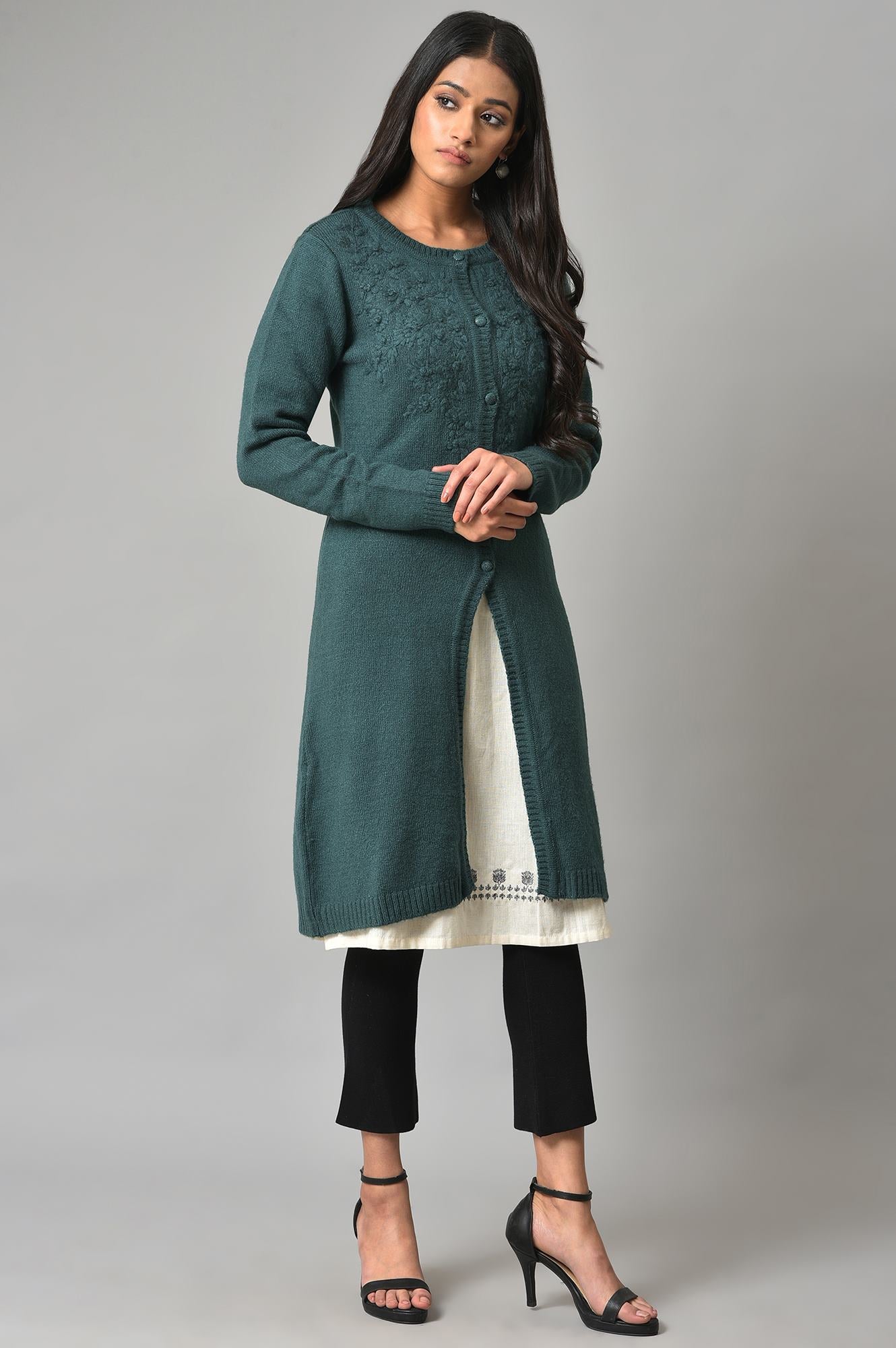 Blue Embroidered Women Cardigan