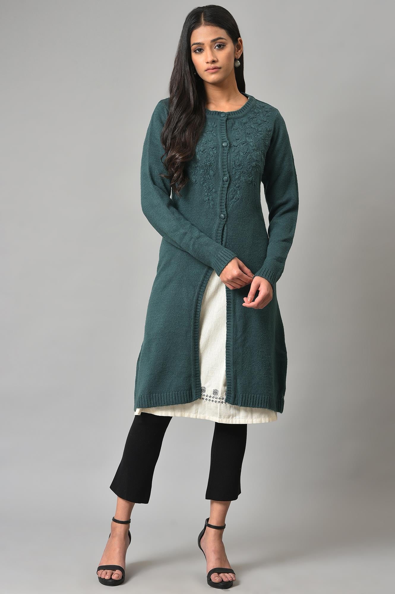 Blue Embroidered Women Cardigan