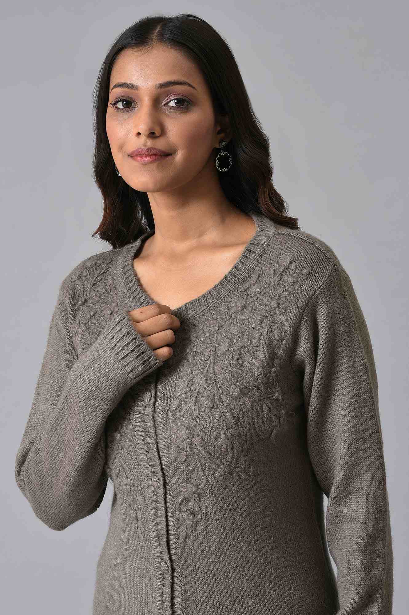 Grey Embroidered Women Cardigan
