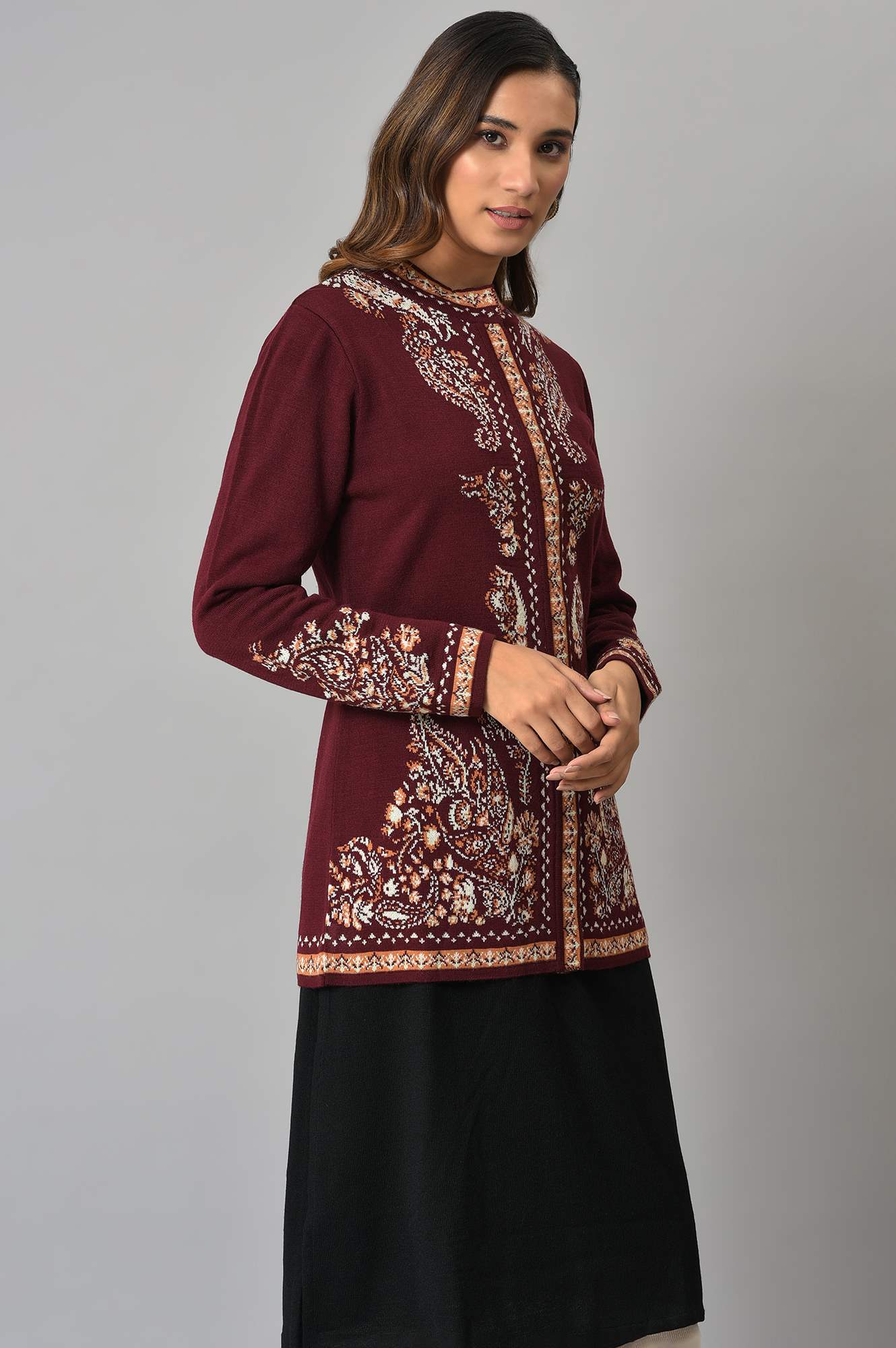 Wine Paisley Printed Short Cardigan