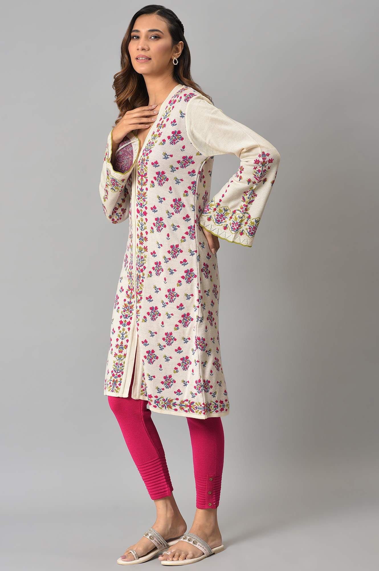 Ecru Floral Printed Jacquard Women Cardigan