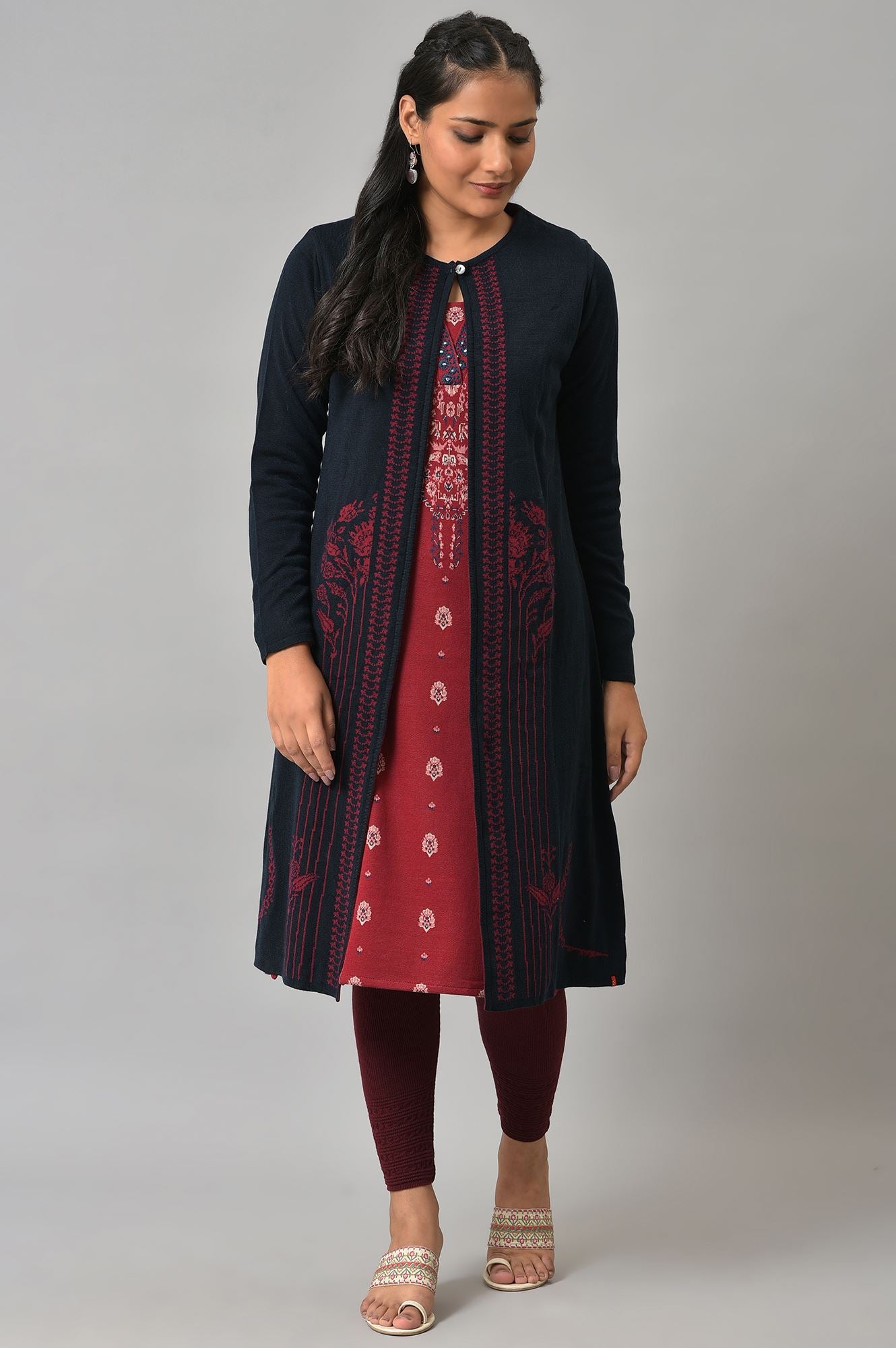 Blue And Red Floral Printed Reversible Cardigan