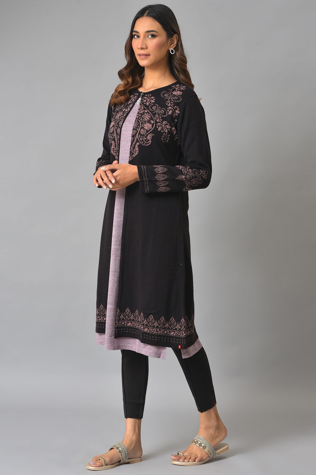 Deep Brown And Pink Reversible Winter Cardigan