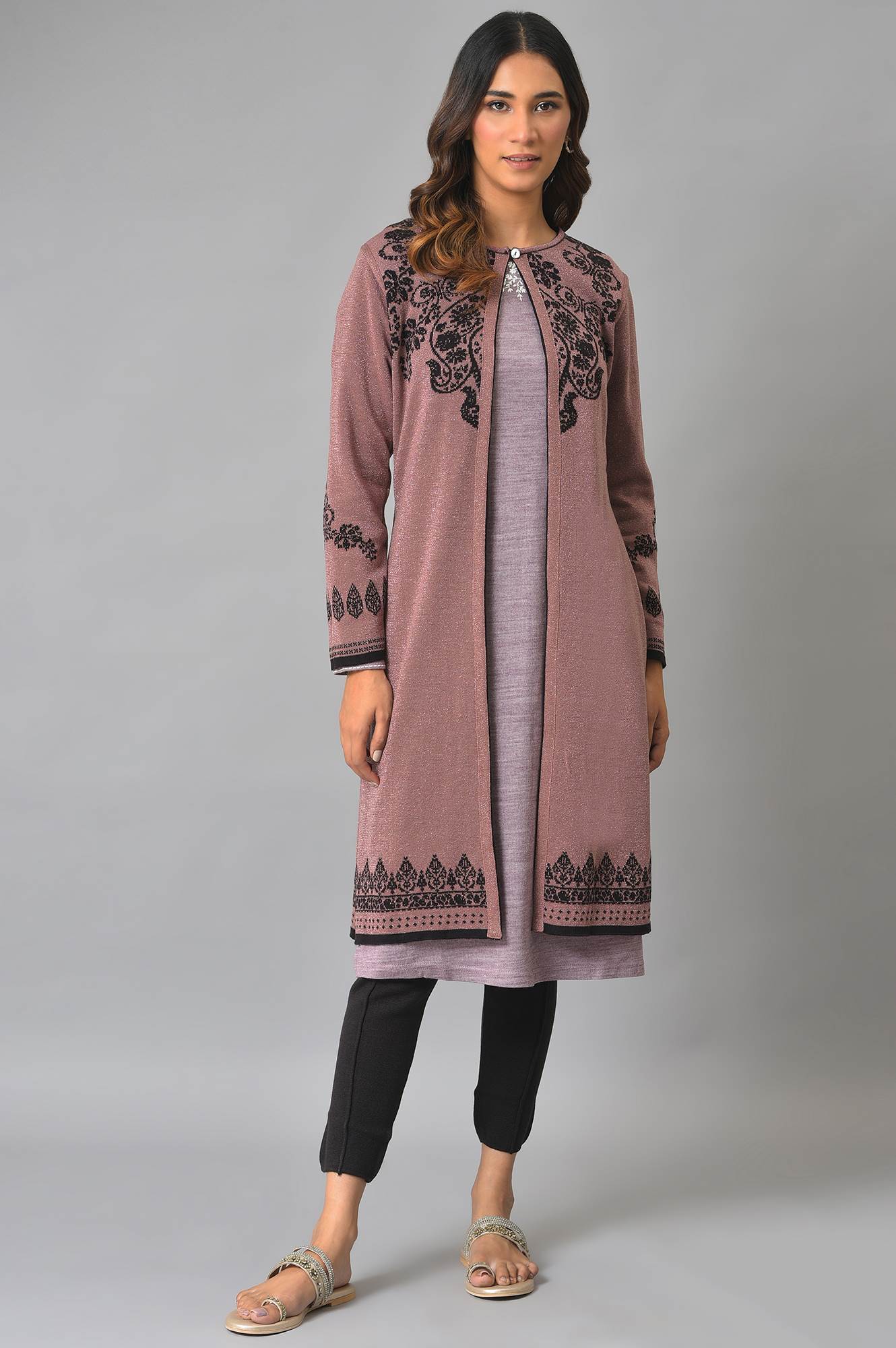 Deep Brown And Pink Reversible Winter Cardigan