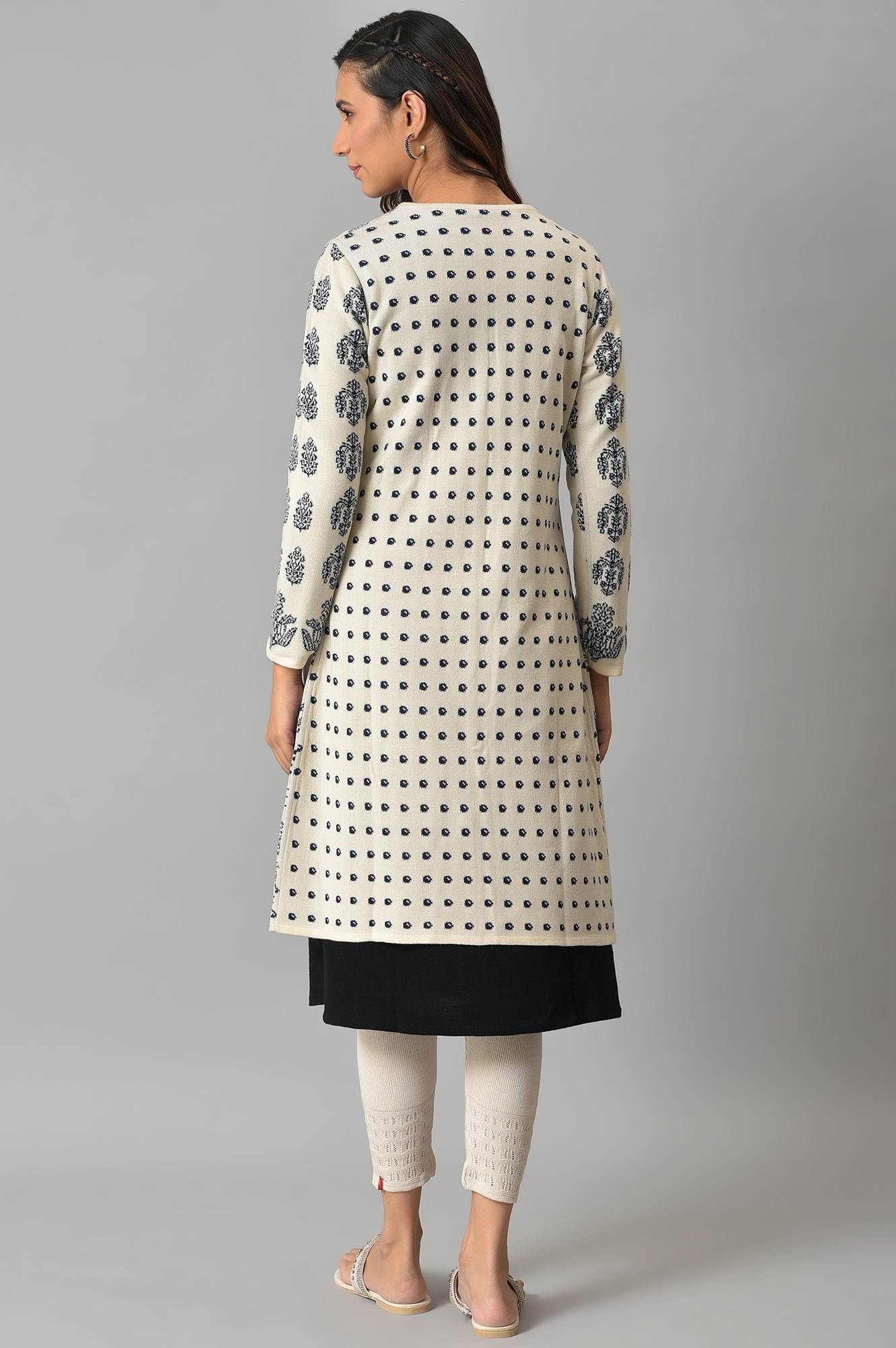 Ecru Floral Printed Reversible Cardigan