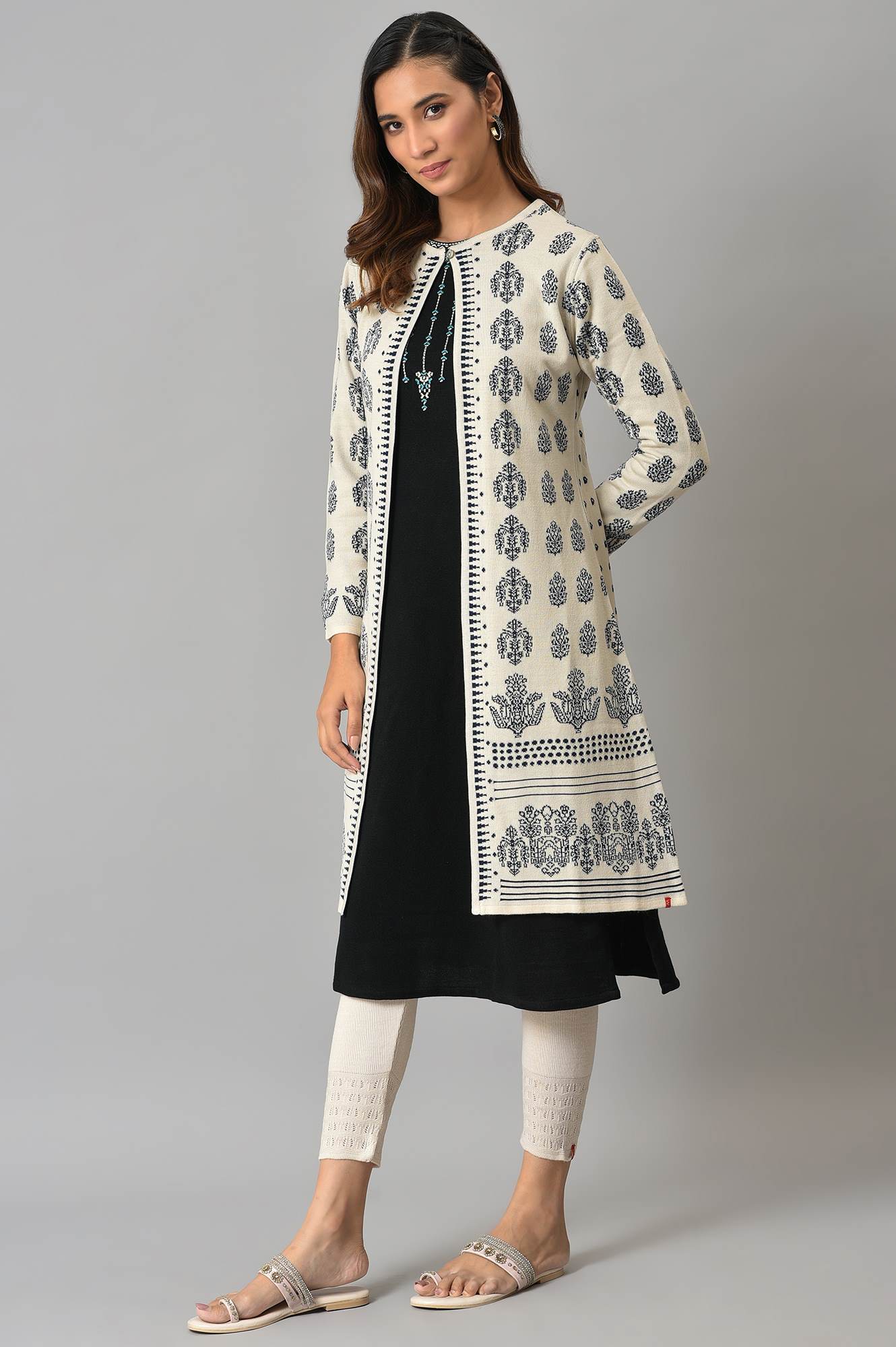 Ecru Floral Printed Reversible Cardigan