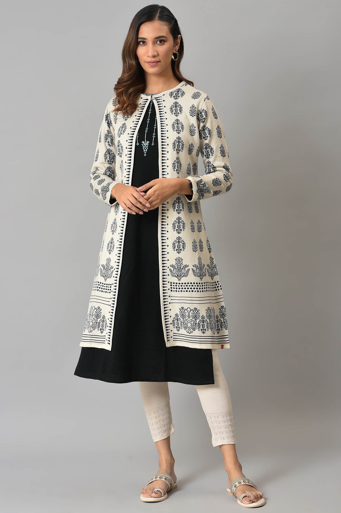 Ecru Floral Printed Reversible Cardigan