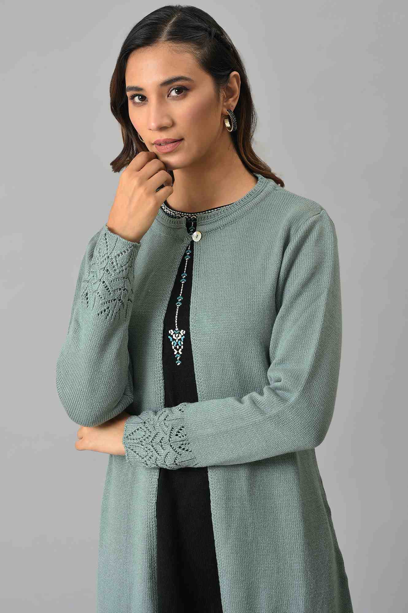 Blue Front Open Self Knitted Women Cardigan