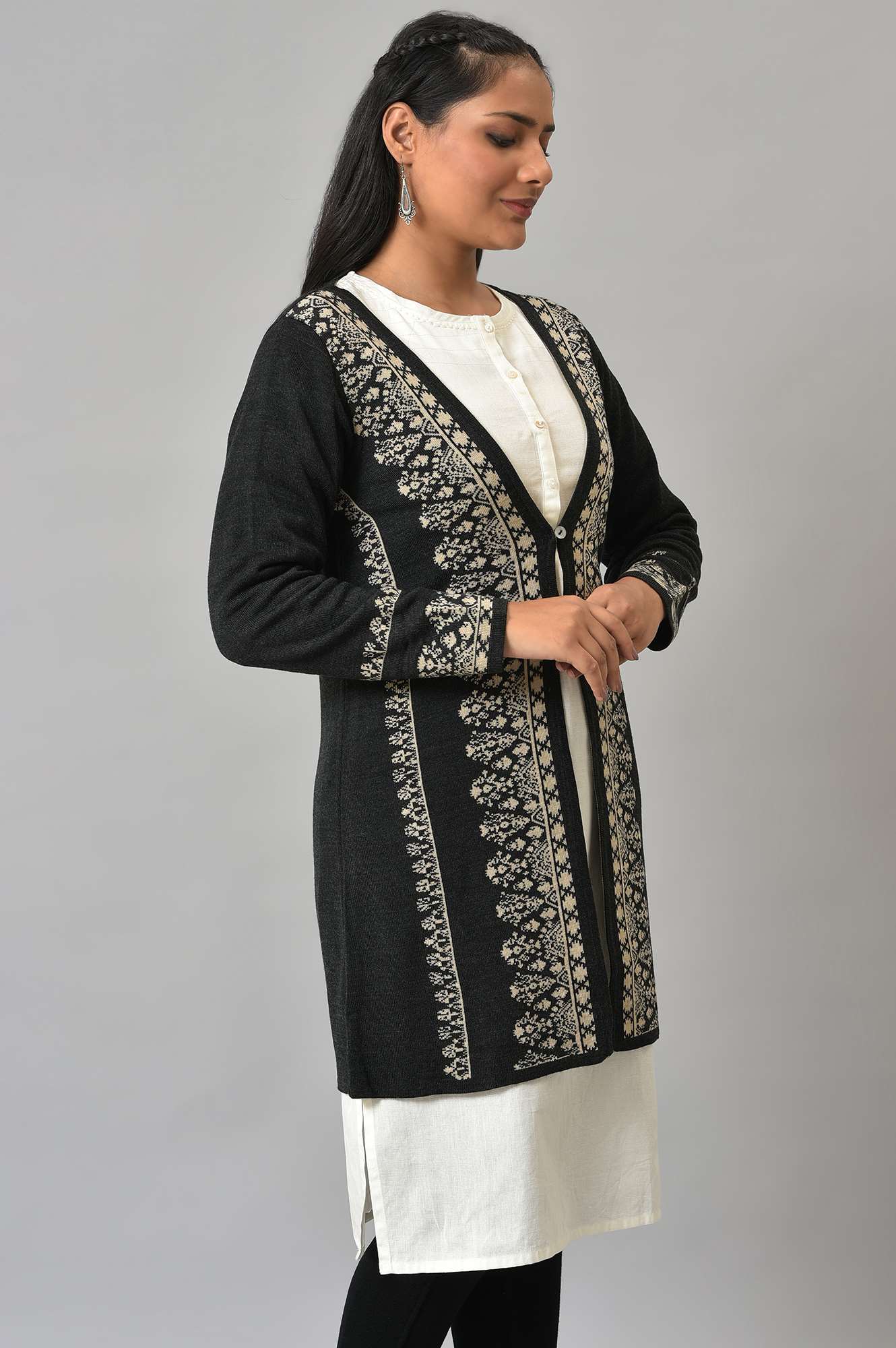 Black Reversible Jacquard Women Cardigan