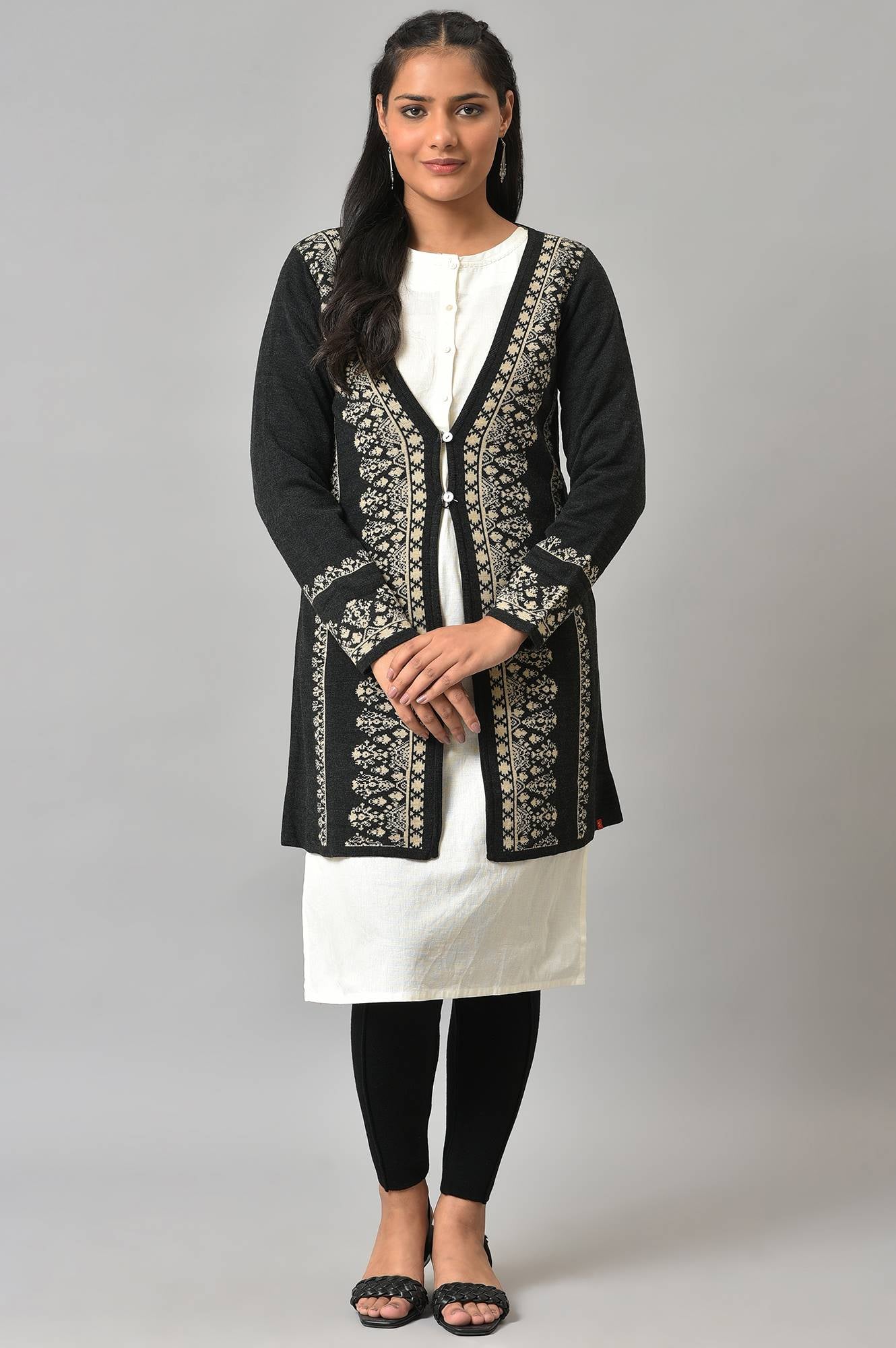 Black Reversible Jacquard Women Cardigan