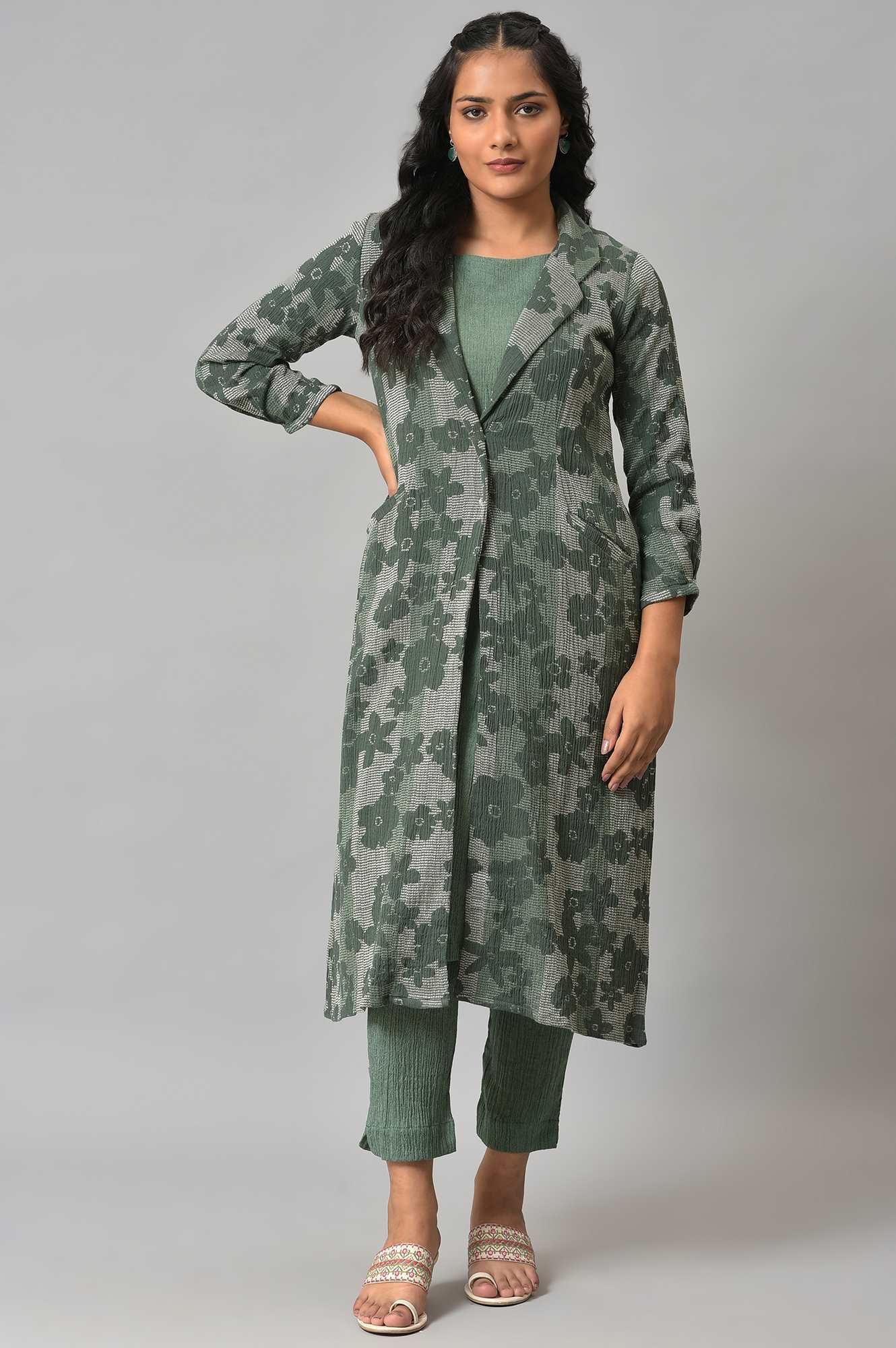 Green Printed Longline Jacket With kurta And Pants - wforwoman