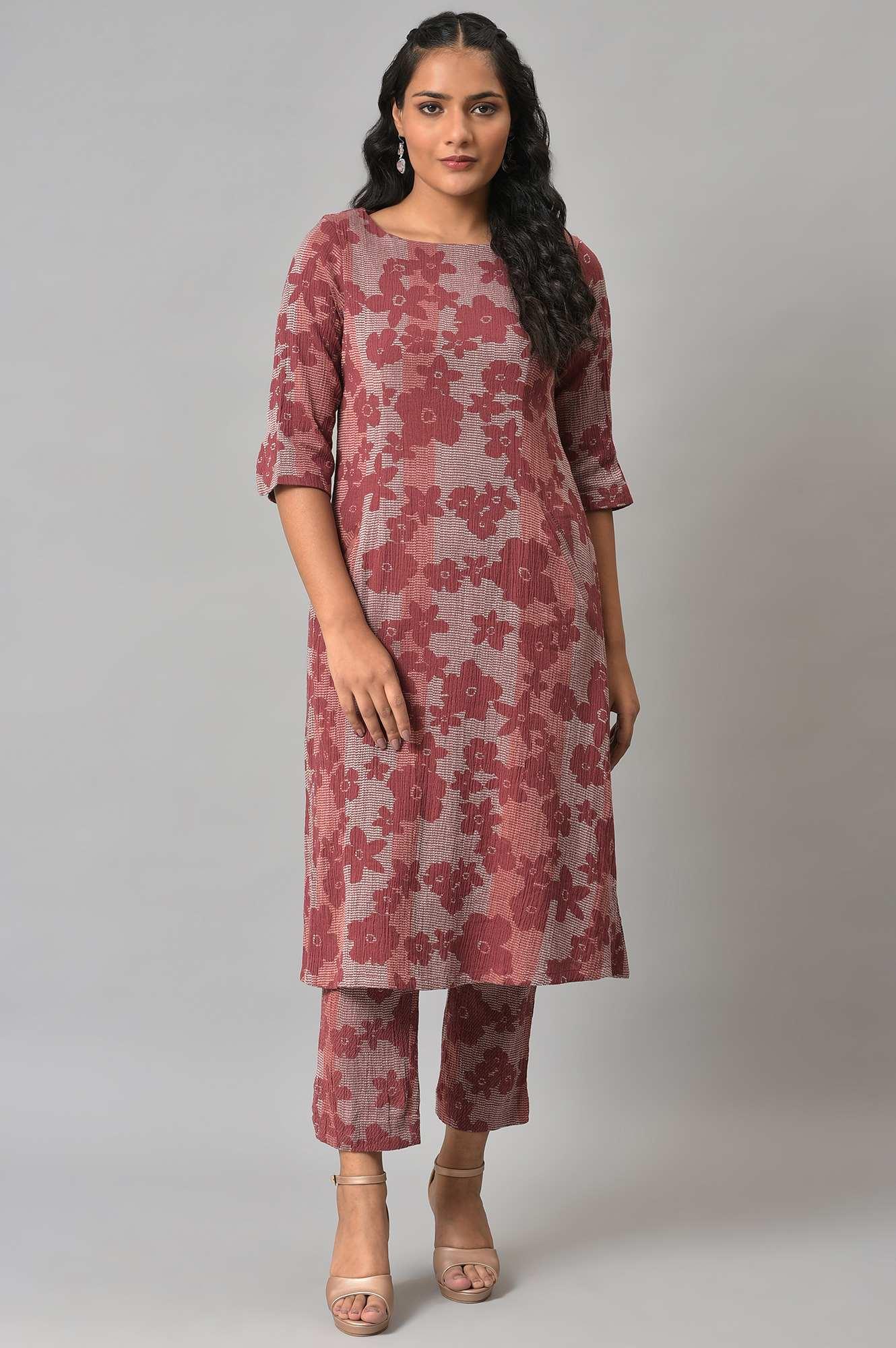 Brown Floral Printed kurta With Slim Pants - wforwoman