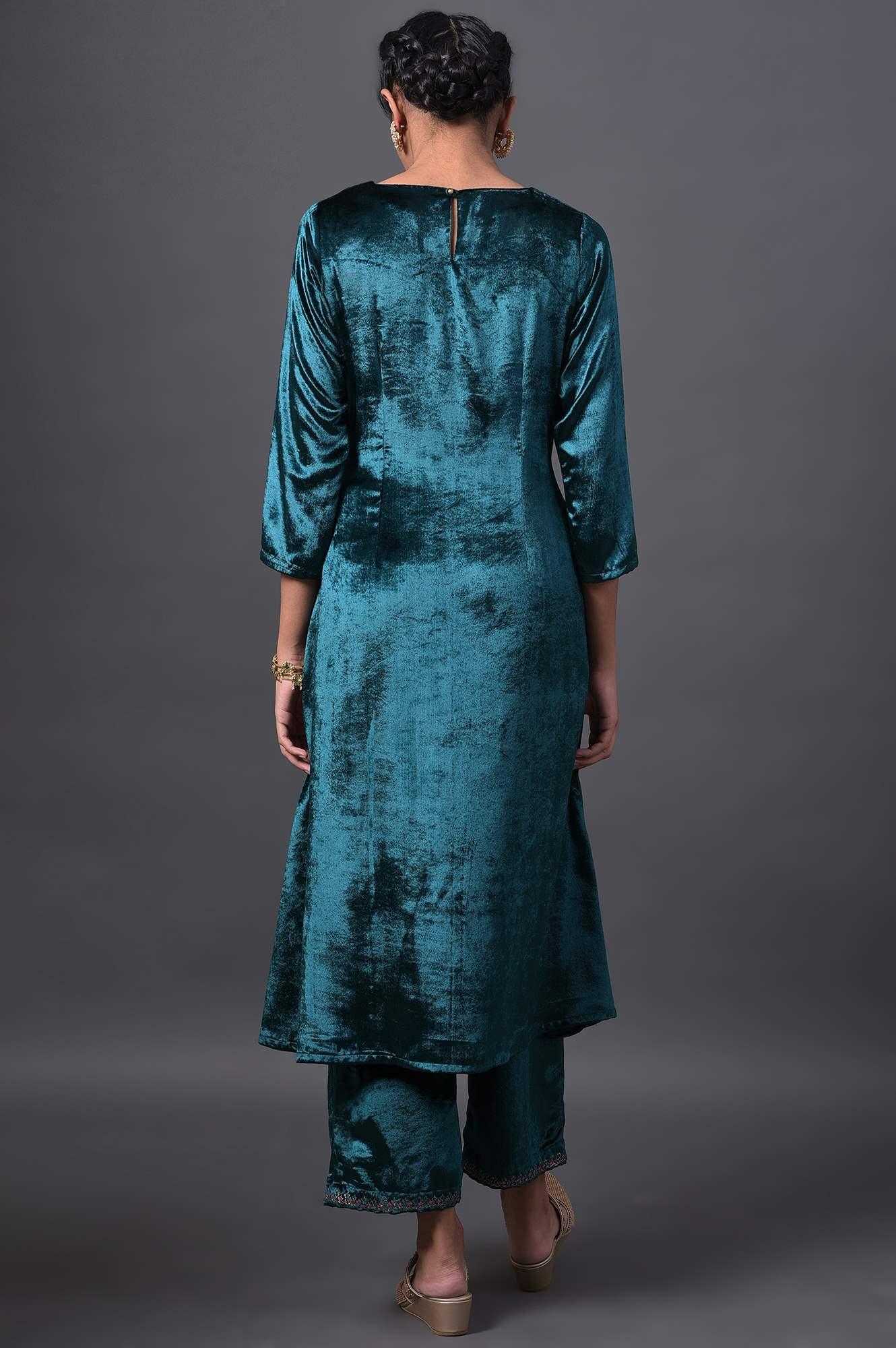 Emerald Green Embroidered Velvet kurta With Straight Pants - wforwoman