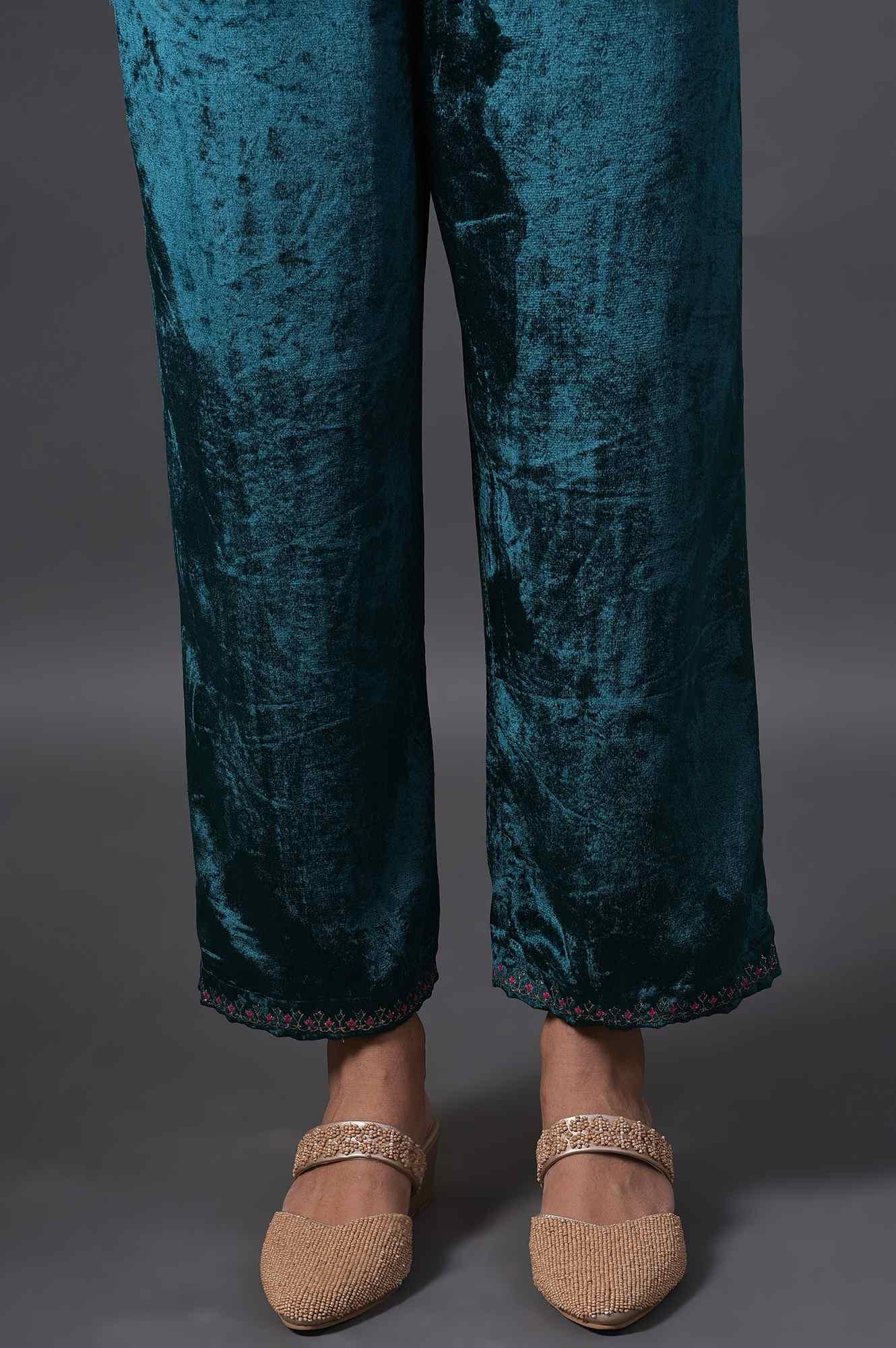 Emerald Green Embroidered Velvet kurta With Straight Pants - wforwoman