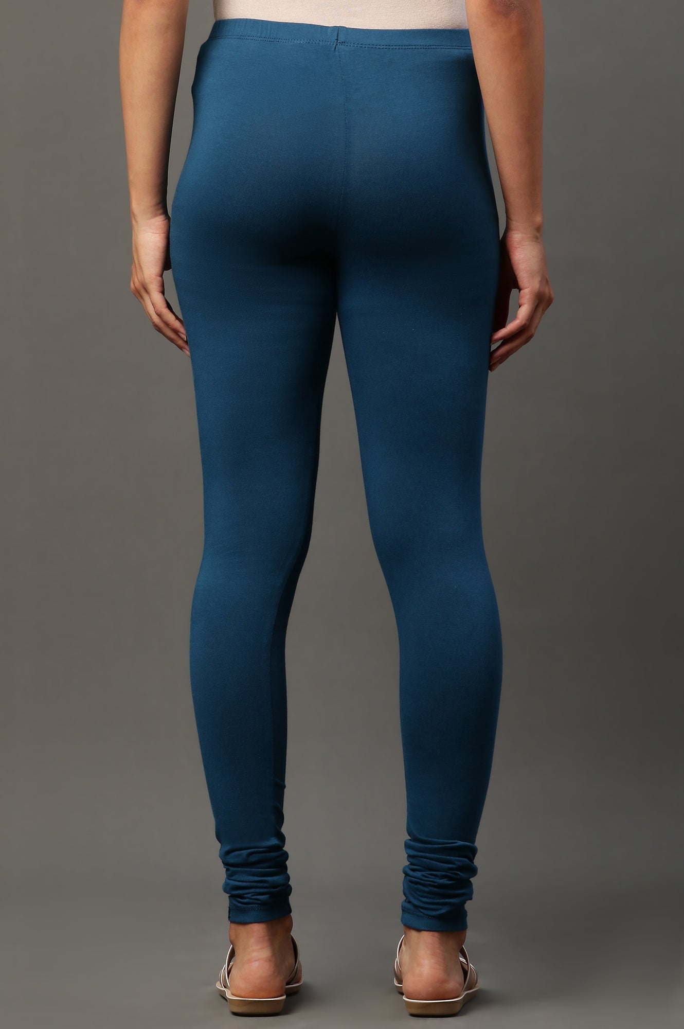Blue Solid Skinny Fit Cotton Tights With Elasticated Waistband