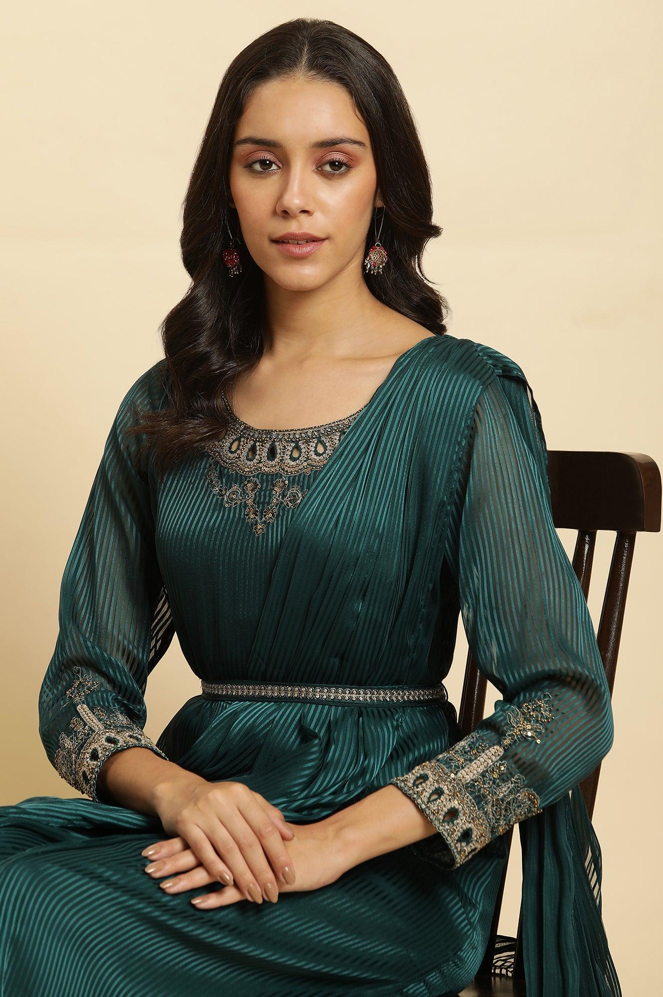 Green Embelloshed Predrape Saree Dress - wforwoman