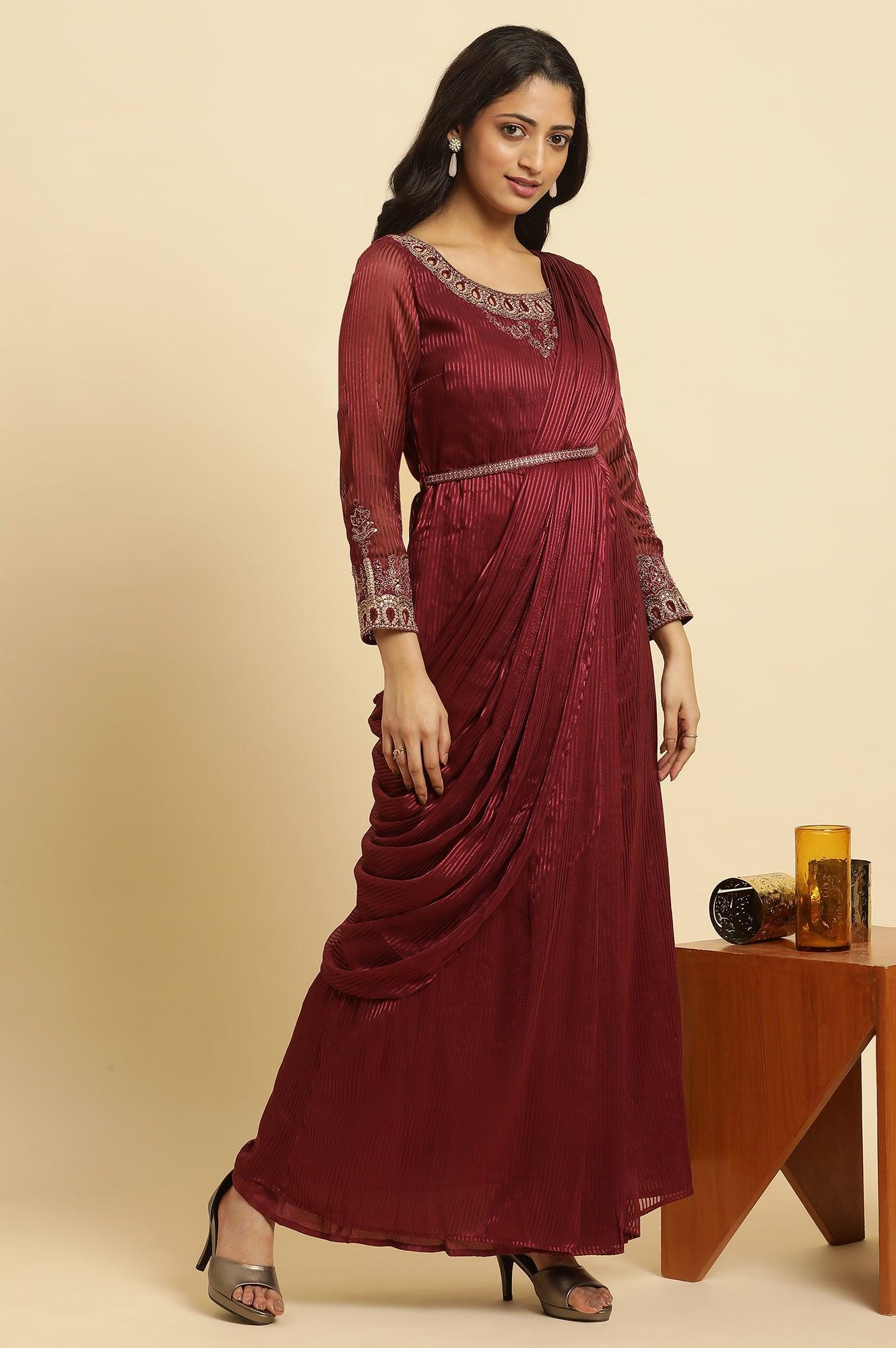 Buy Maroon Jewelled Neck Pre-Draped Festive Saree Dress Online for Woman | WforWoman Buy Maroon Jewelled Neck Pre-Draped Festive Saree Dress Online for Woman | WforWoman