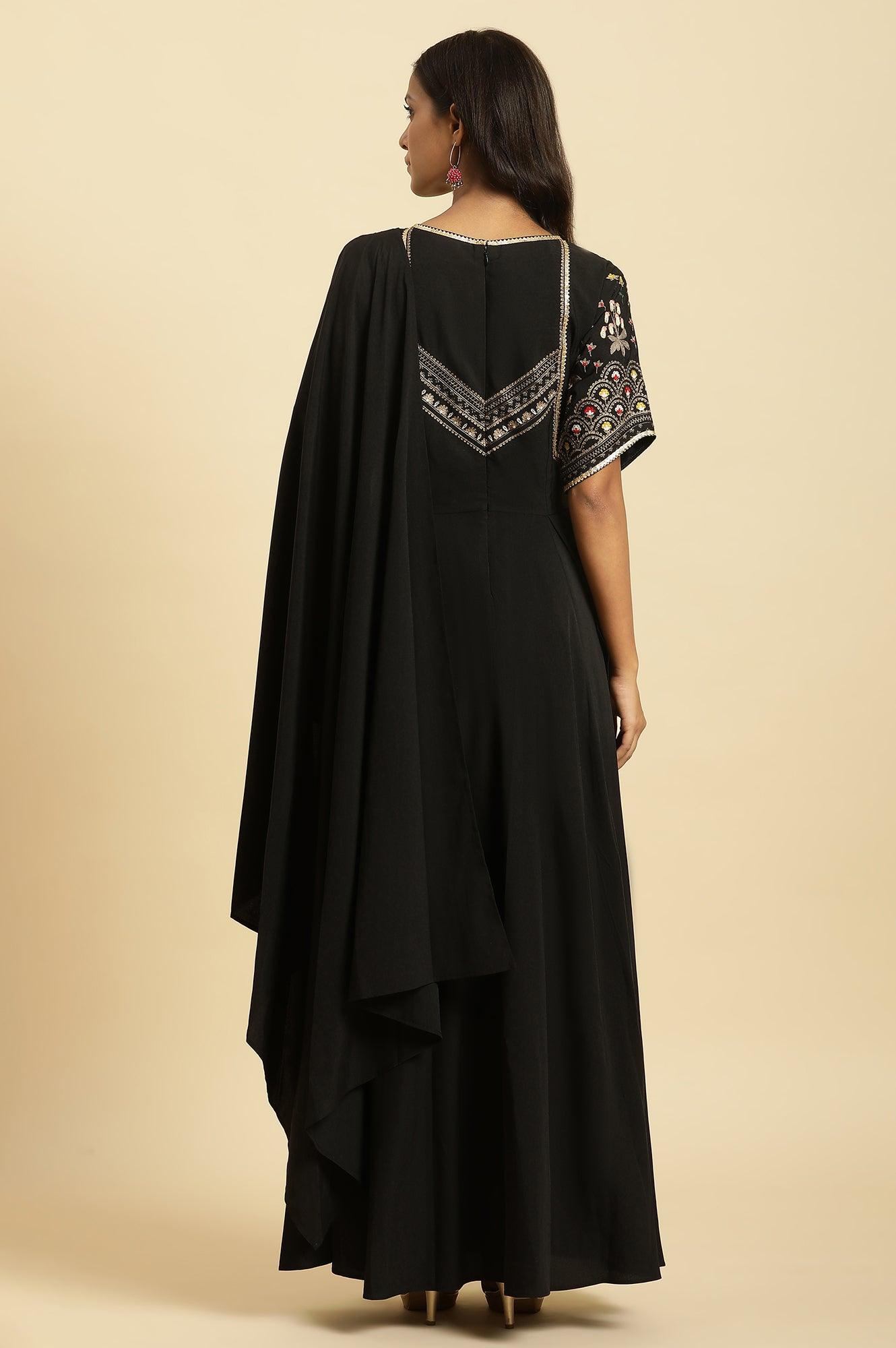 Black Predrape Sarre Dress With Multi-Coloured Embroidery - wforwoman