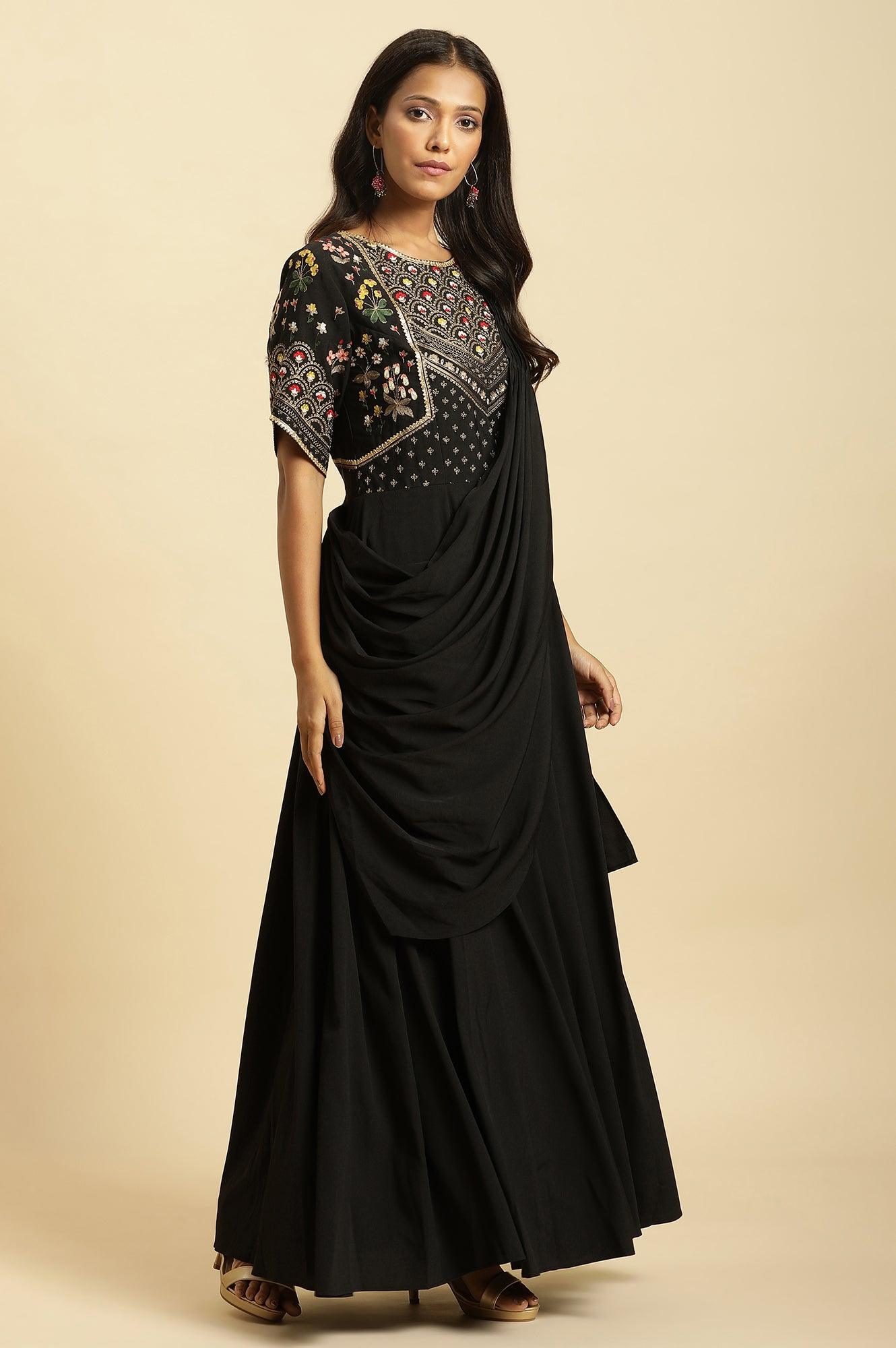 Black Predrape Sarre Dress With Multi-Coloured Embroidery - wforwoman