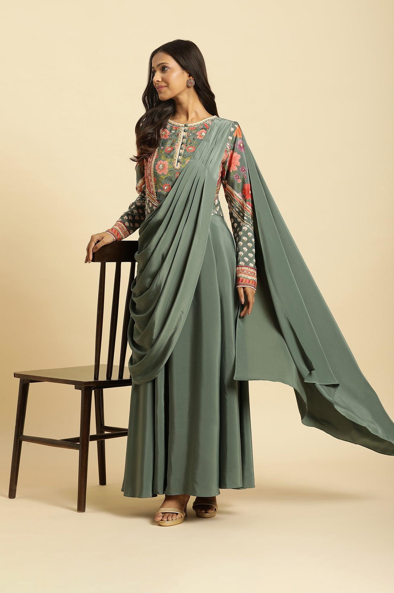 Buy Green Predrape Saree Dress With Multi-Coloured Embellishement Online  for Woman