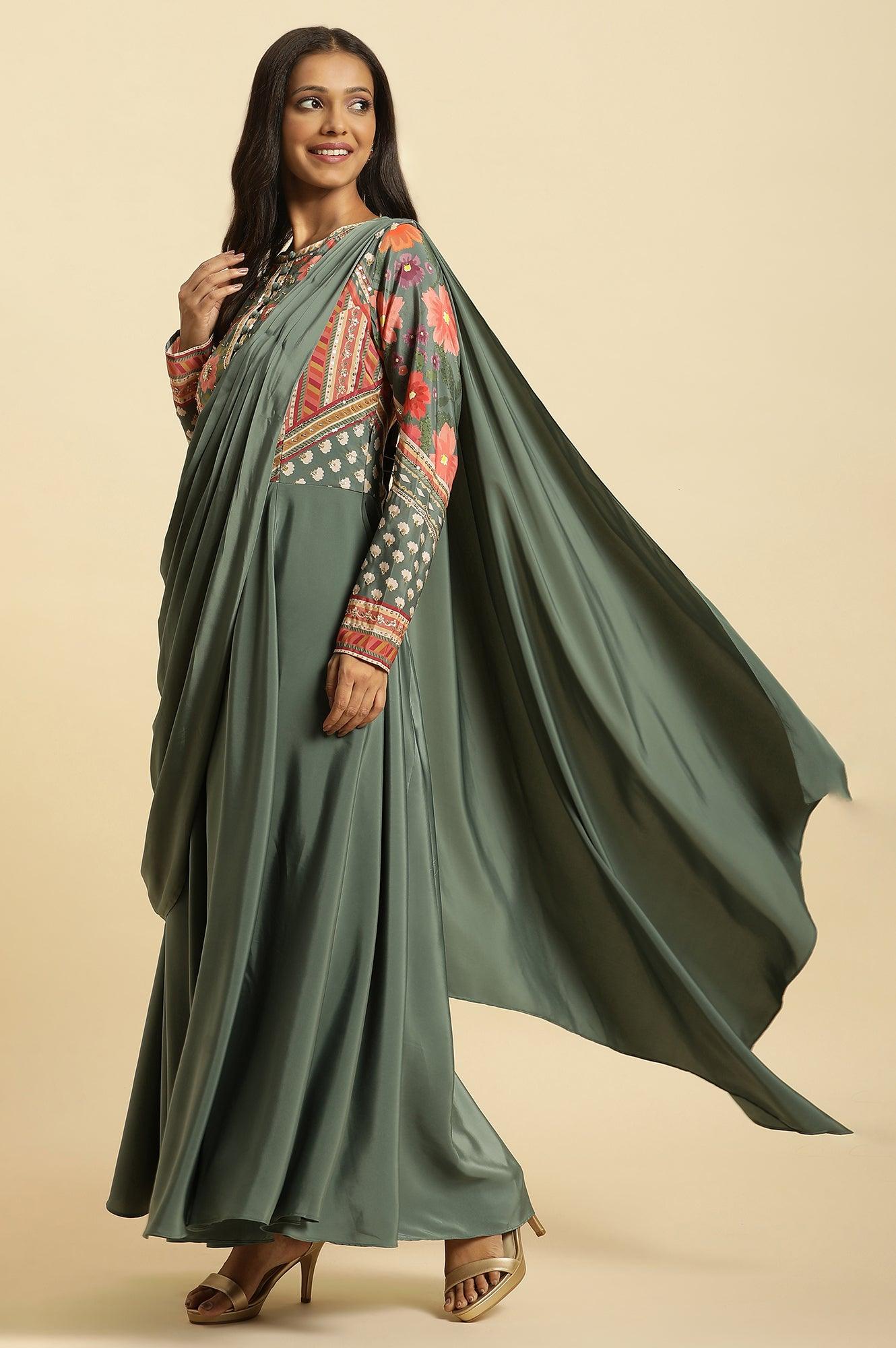 Green Predrape Saree Dress With Multi-Coloured Embellishement - wforwoman