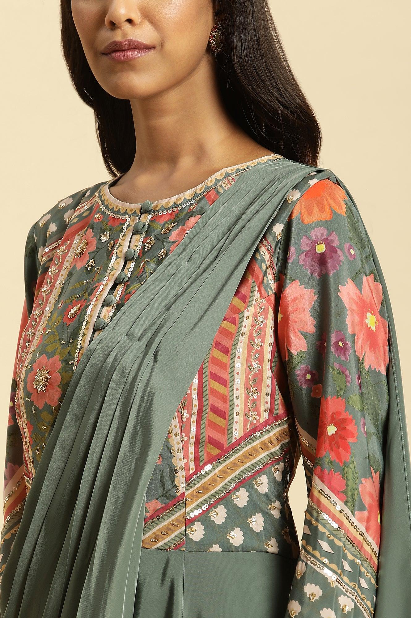 Green Predrape Saree Dress With Multi-Coloured Embellishement - wforwoman