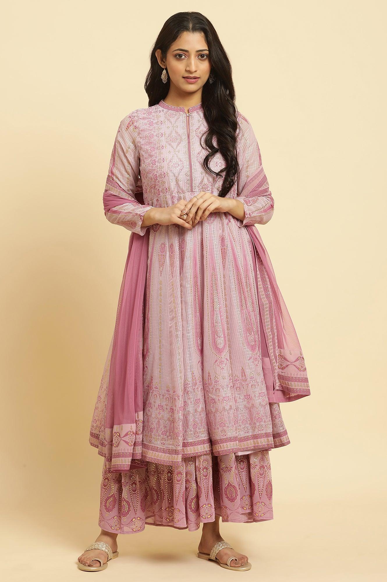 Soft Pink Panelled Layered Gown And Dupatta Set - wforwoman