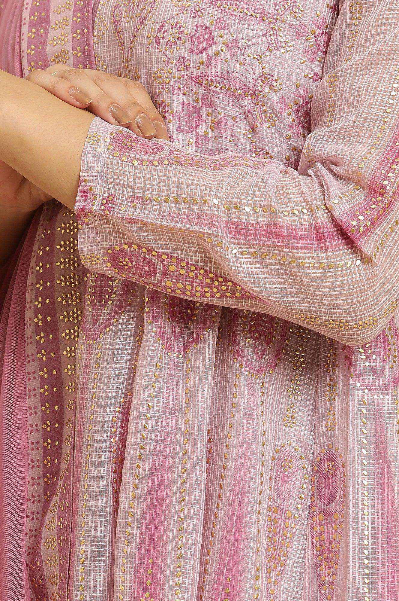 Soft Pink Panelled Layered Gown And Dupatta Set - wforwoman