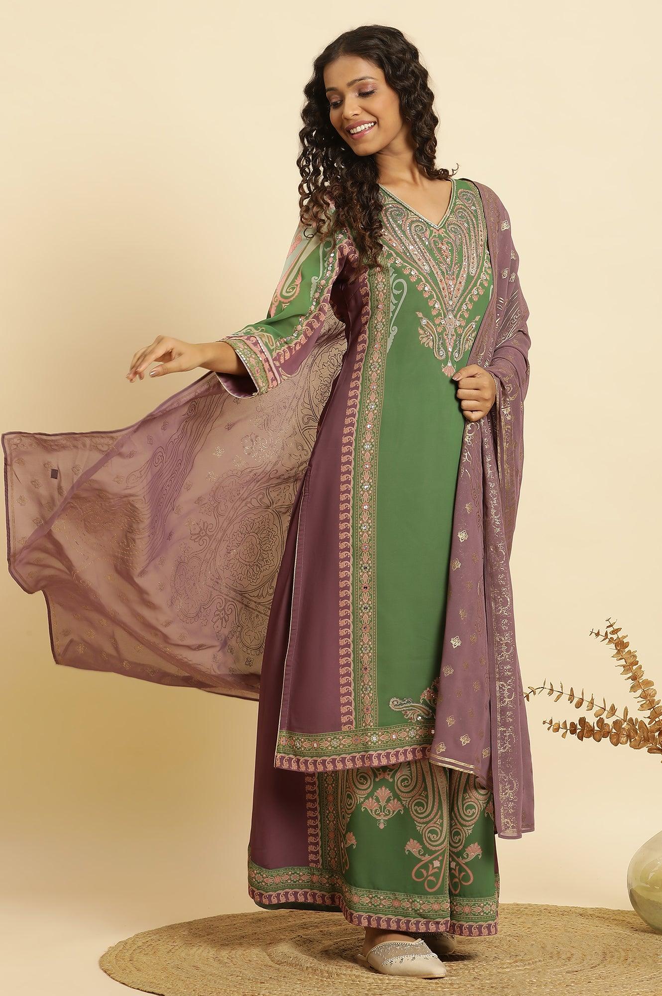 Green Placement Printed Georgette Kurta, Pants And Dupatta Set - wforwoman