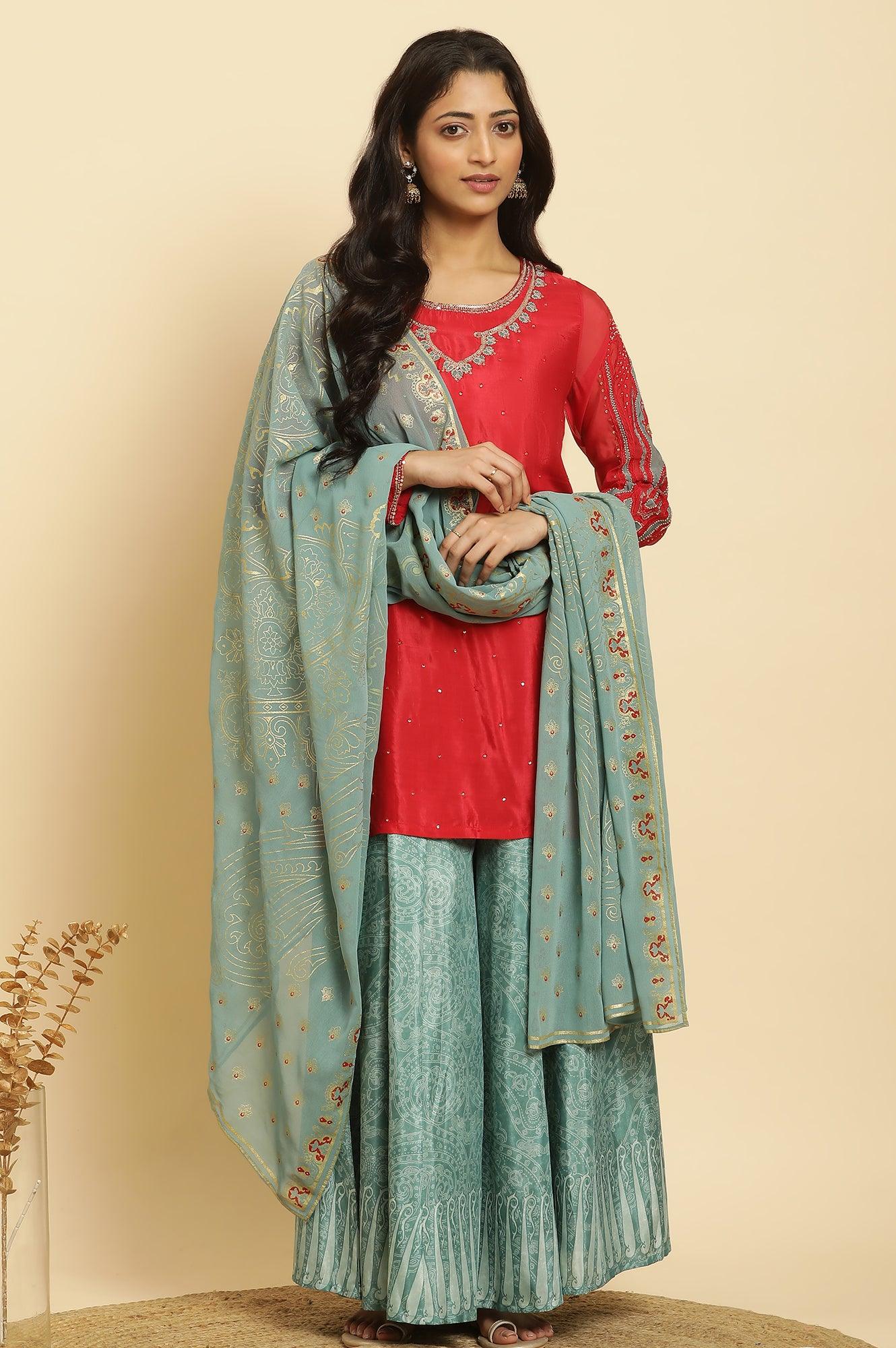 Red Embellished Short Kurta, Sharara And Dupatta Festive Set - wforwoman