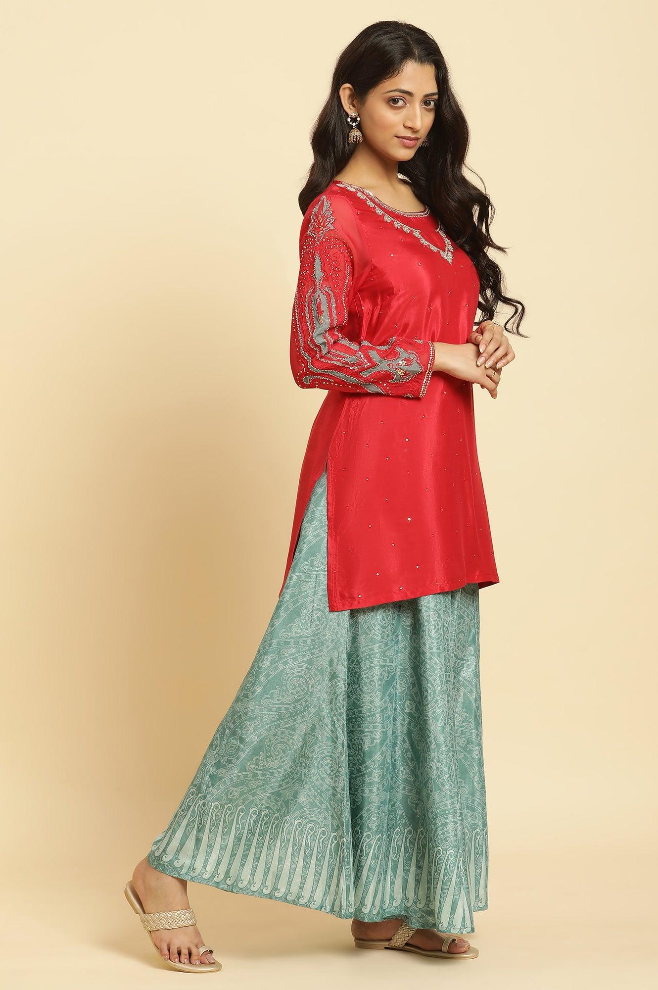 Red Embellished Short Kurta, Sharara And Dupatta Festive Set - wforwoman