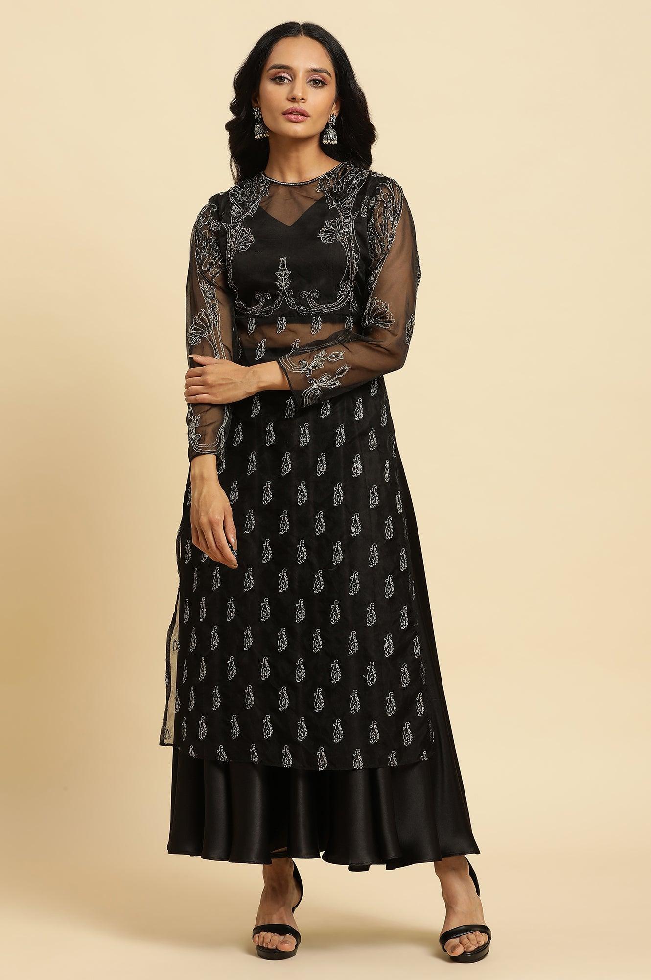 Black Zari Embroidered Sheer Kurta And Skirt Set - wforwoman