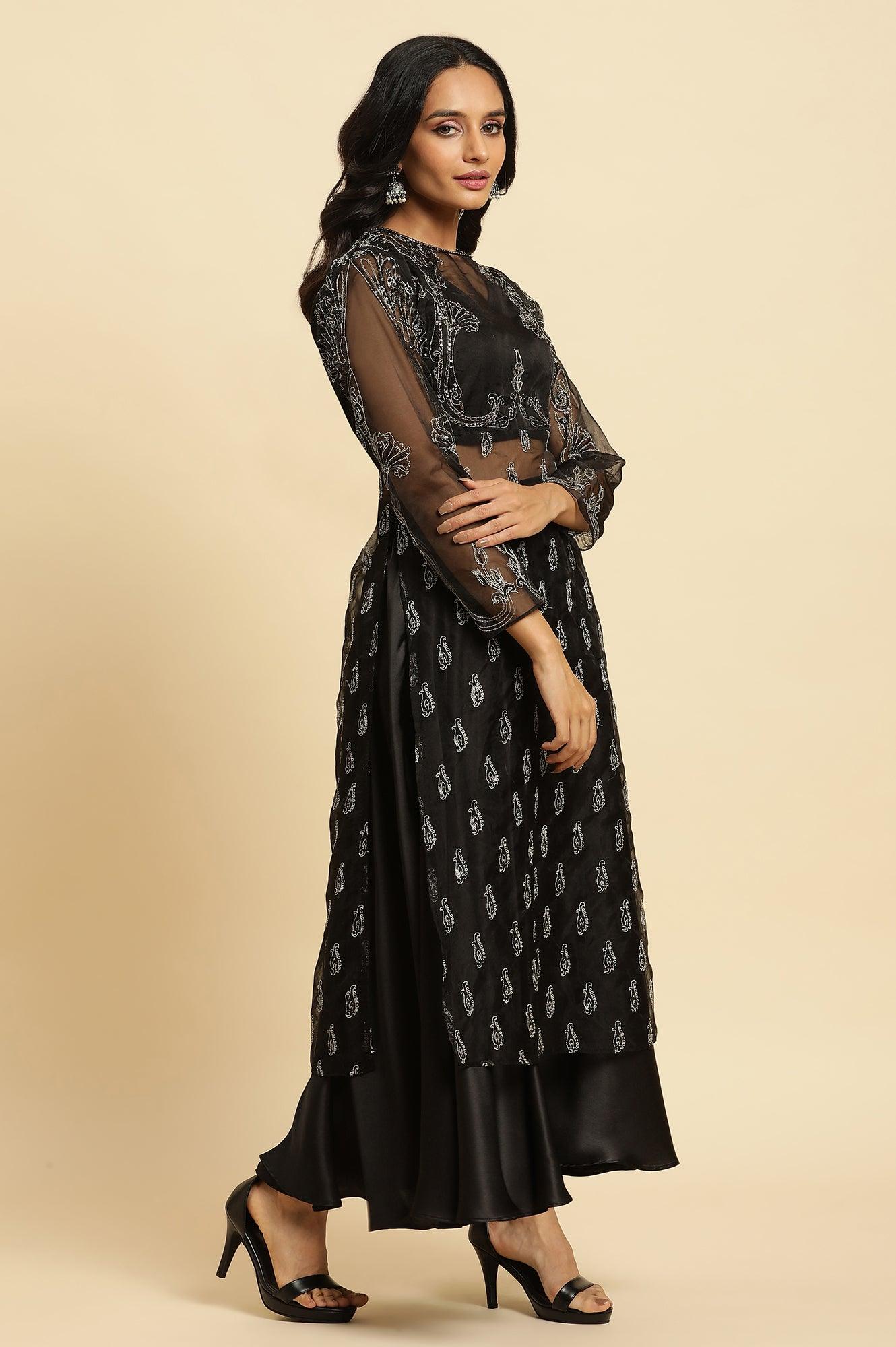 Black Zari Embroidered Sheer Kurta And Skirt Set - wforwoman