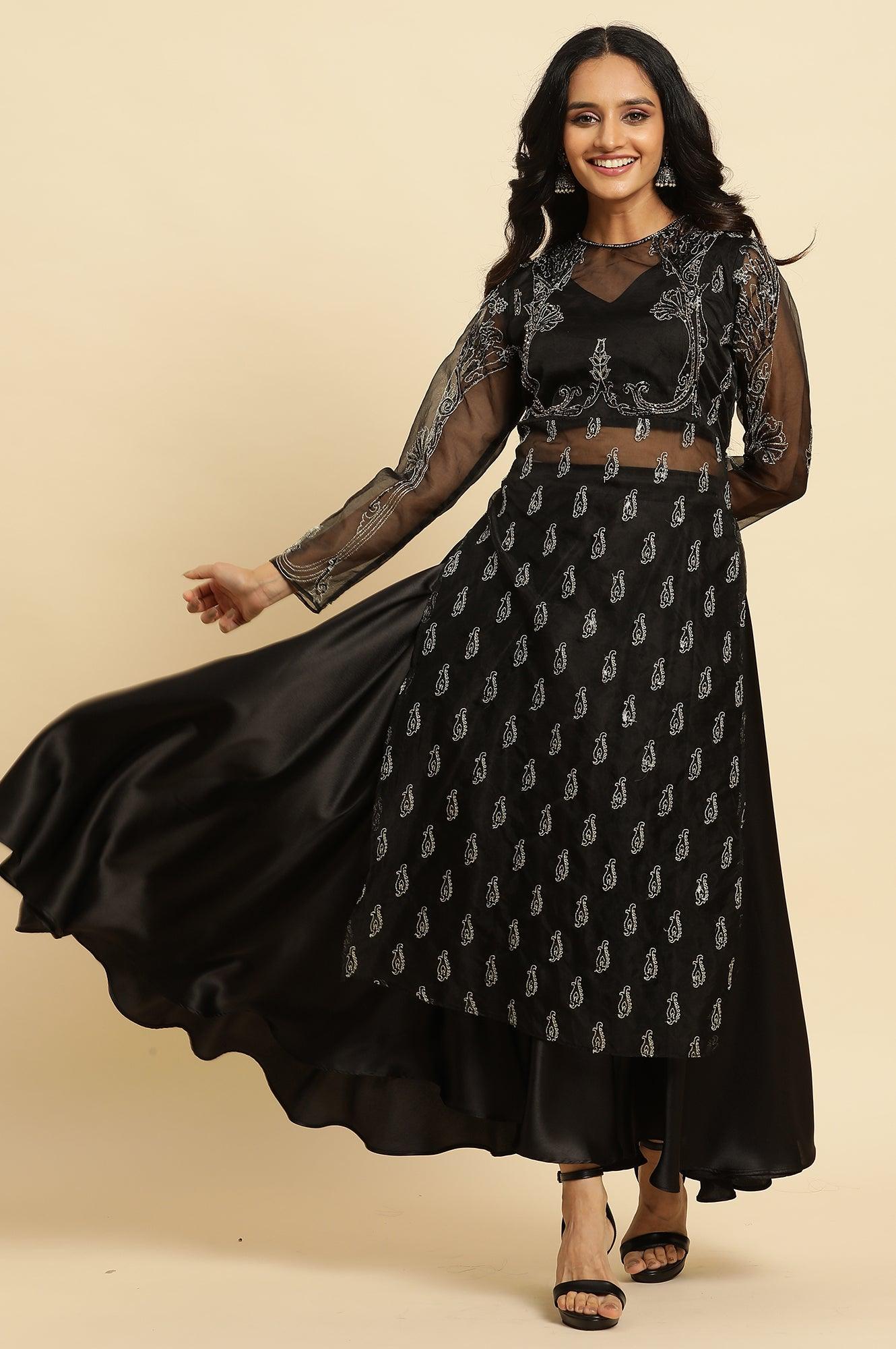 Black Zari Embroidered Sheer Kurta And Skirt Set - wforwoman