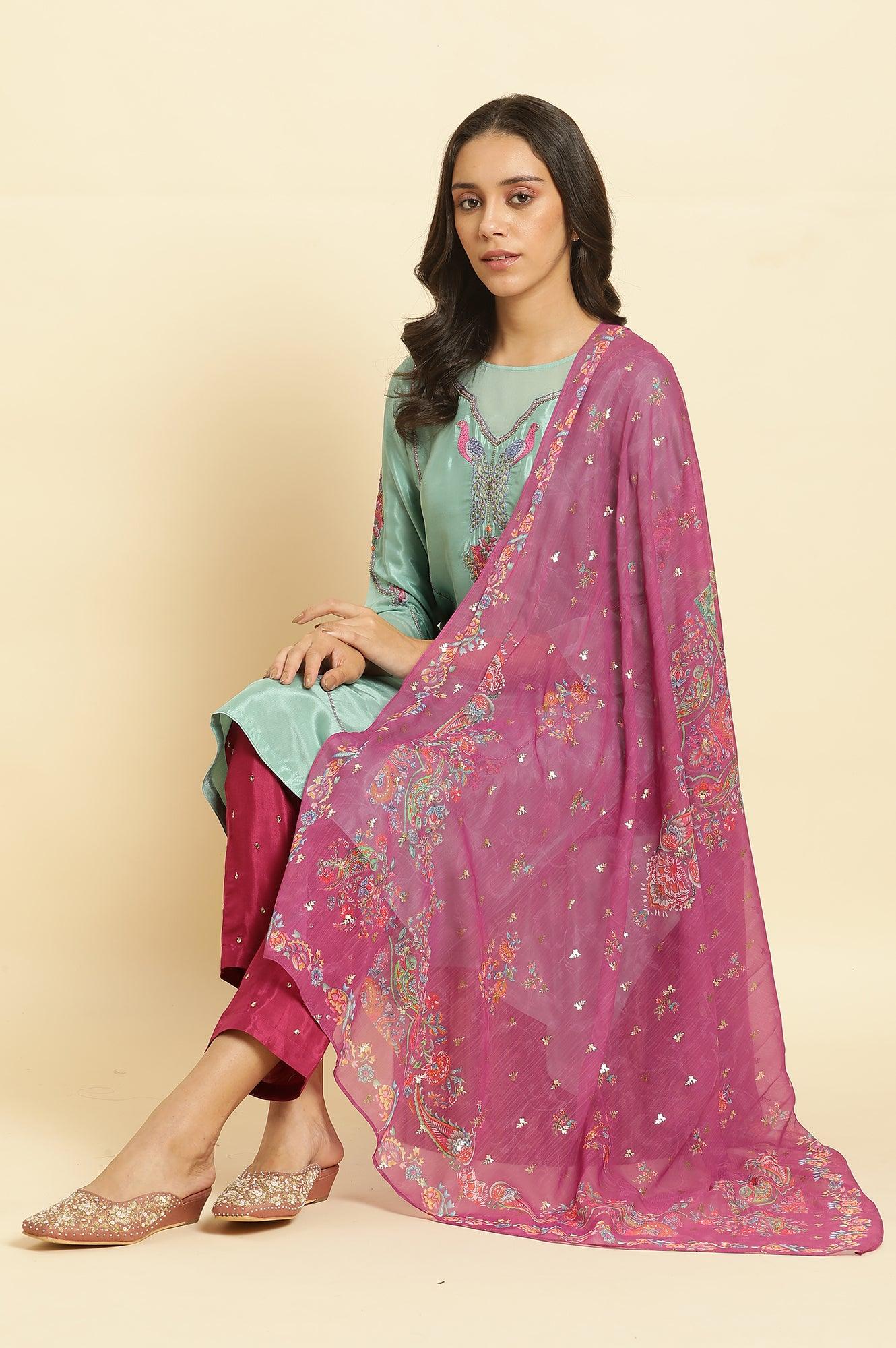 Sea Green Embroidered Kurta, Pants & Dupatta Set - wforwoman