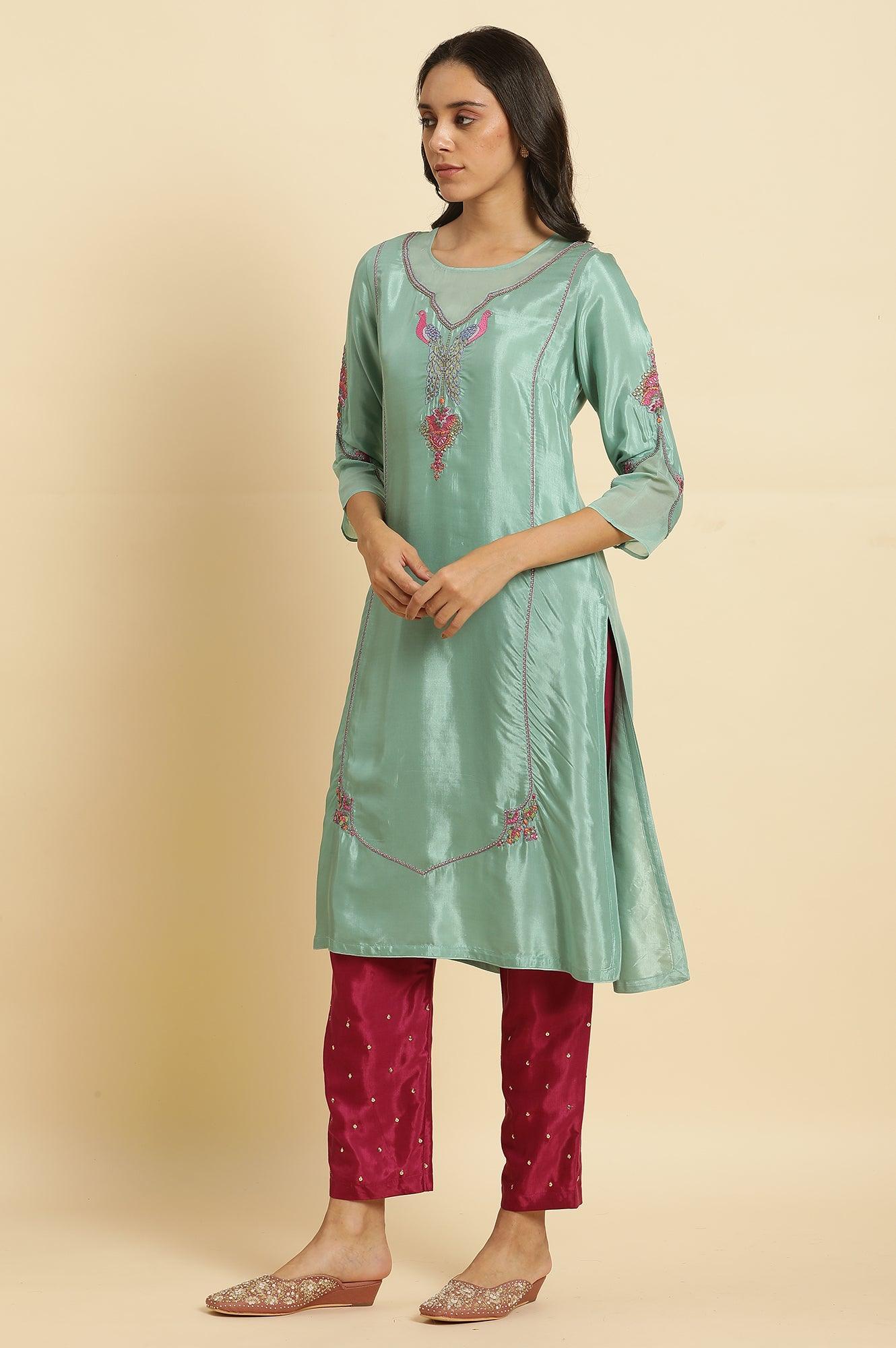 Sea Green Embroidered Kurta, Pants & Dupatta Set - wforwoman