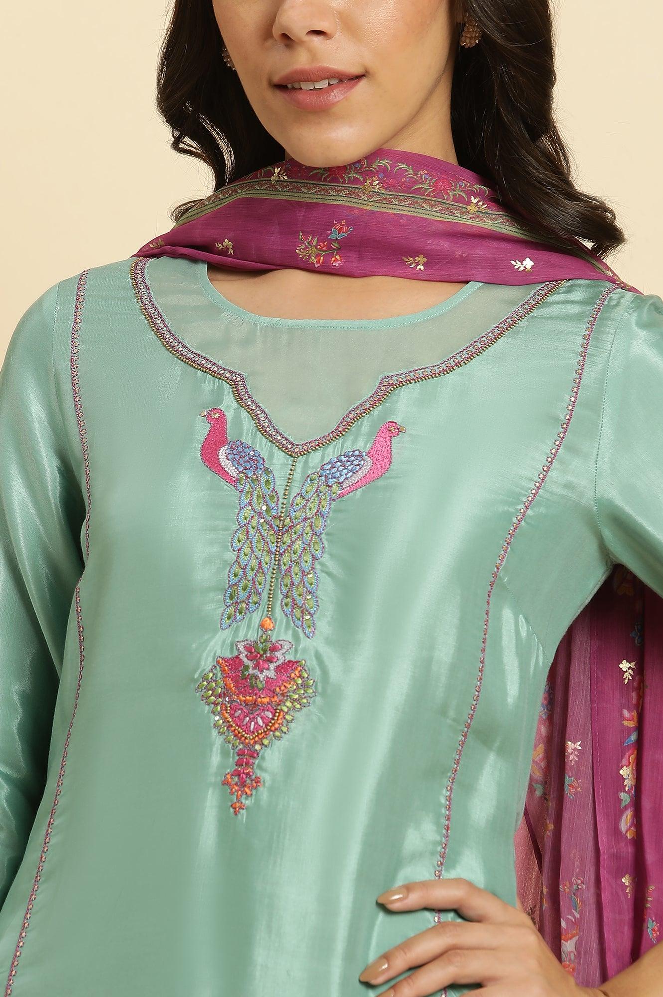 Sea Green Embroidered Kurta, Pants & Dupatta Set - wforwoman