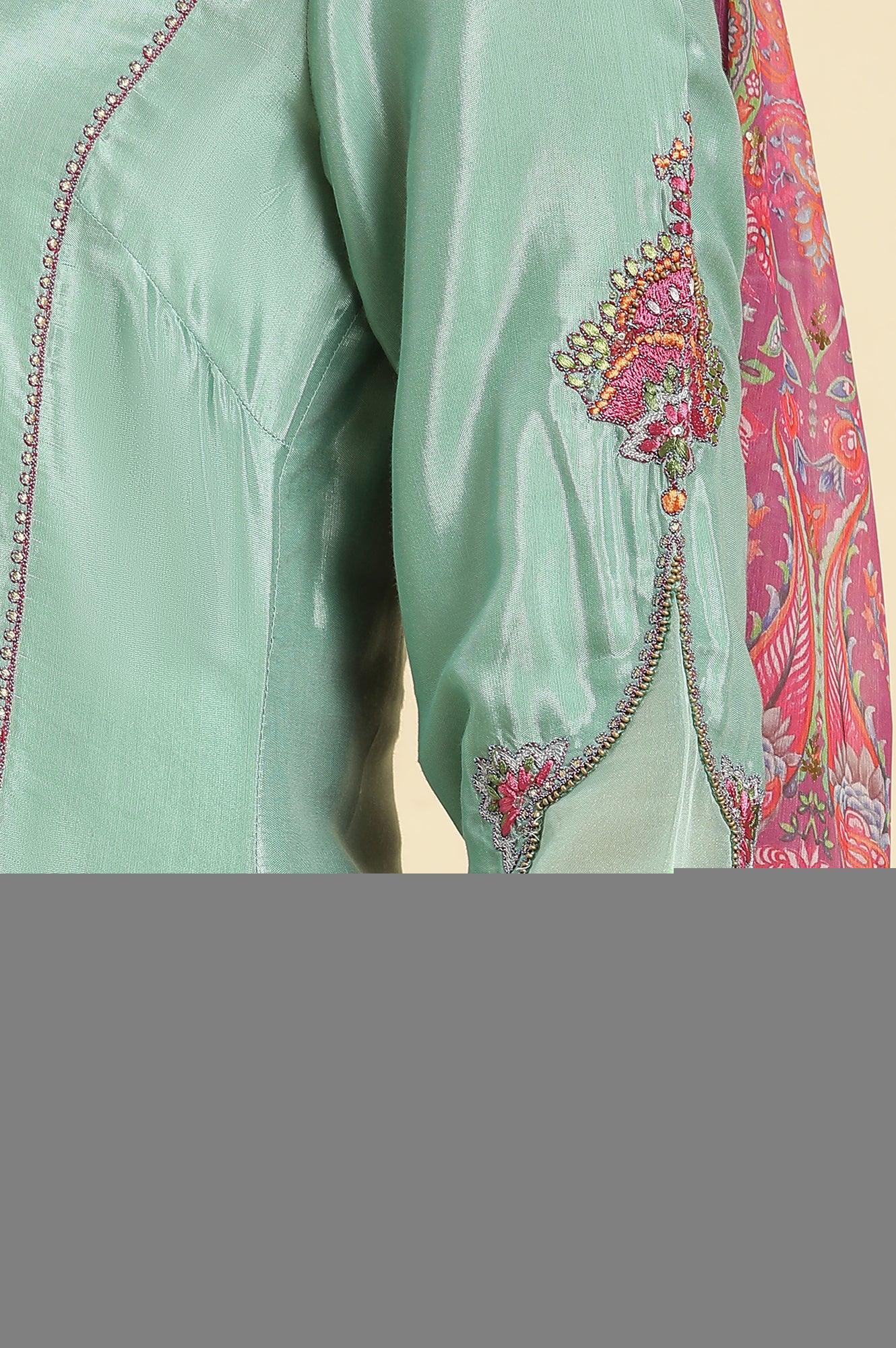 Sea Green Embroidered Kurta, Pants & Dupatta Set - wforwoman