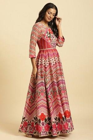 Multi-Coloured Floral Printed Anarkali Dress And Dupatta Set - wforwoman