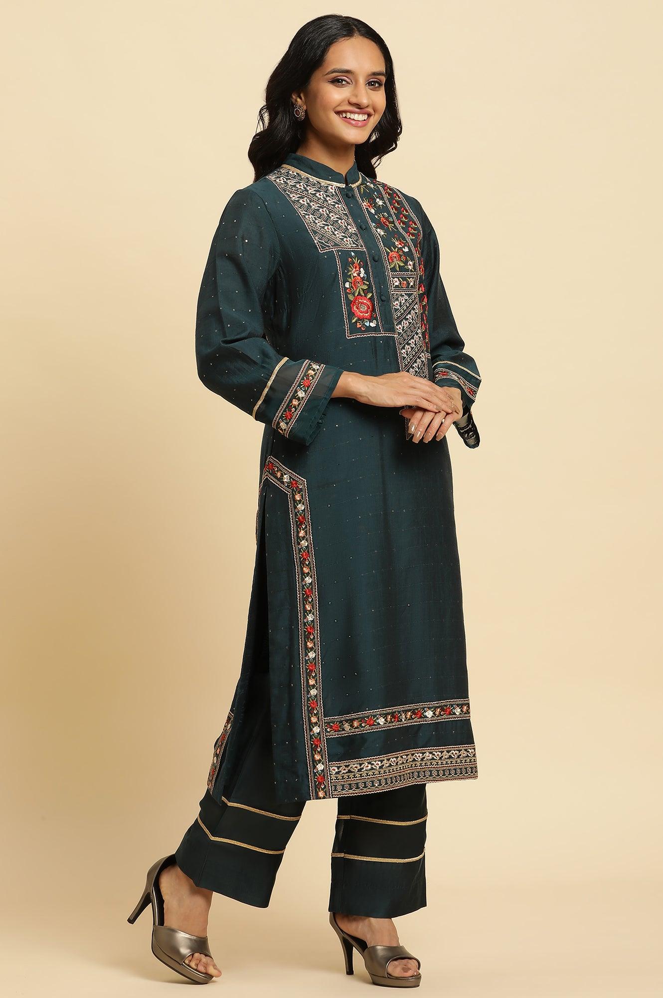 Dark Green Embroidered Festive Kurta, Pant And Dupatta Set - wforwoman