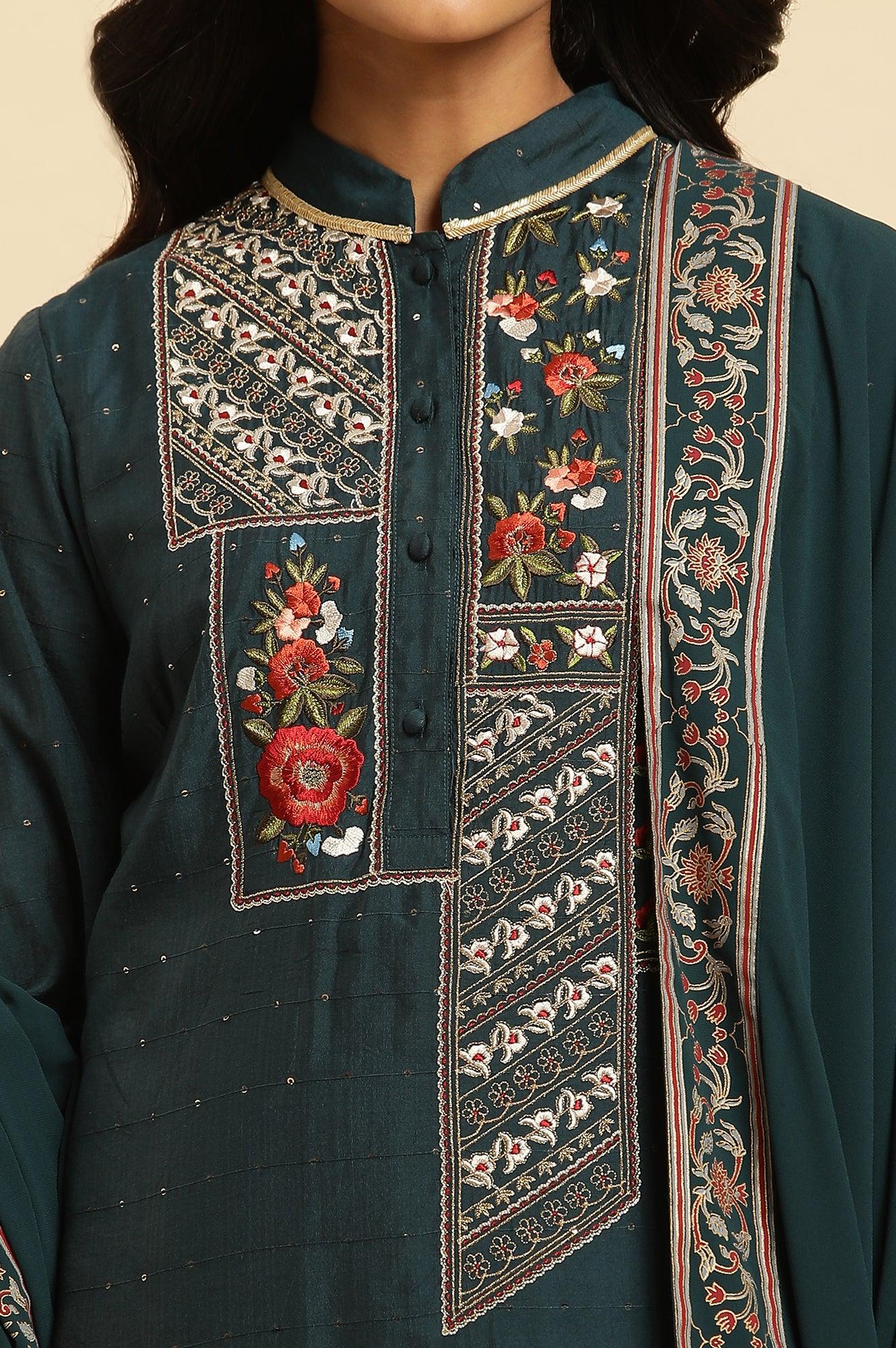 Dark Green Embroidered Festive Kurta, Pant And Dupatta Set - wforwoman
